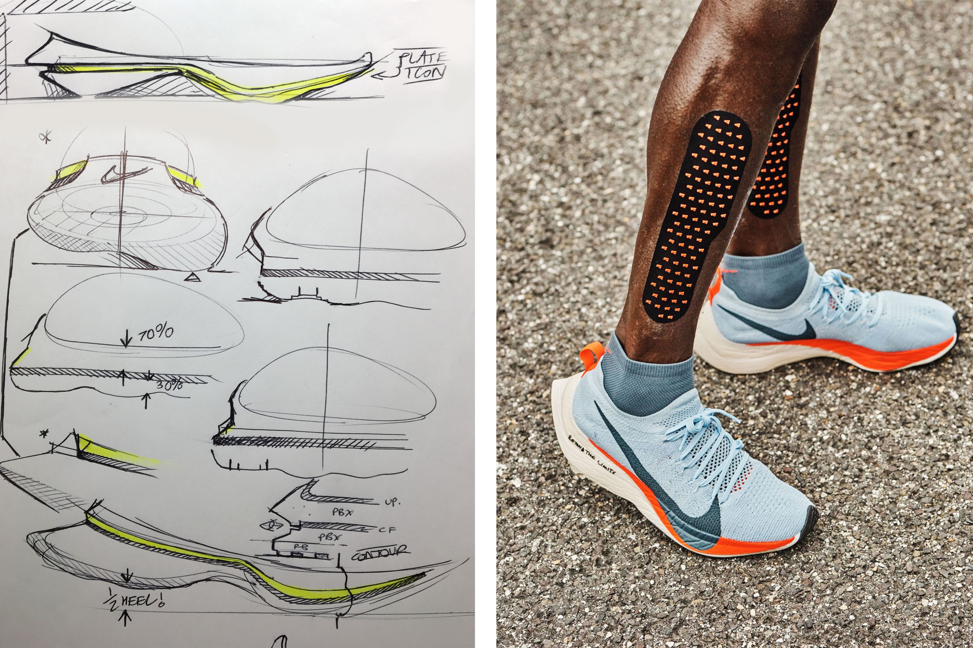Nike Vaporfly design sketches with carbon fiber plate and midsole annotations beside an athlete's legs wearing the Nike Zoom Air Vaporfly Elite.
