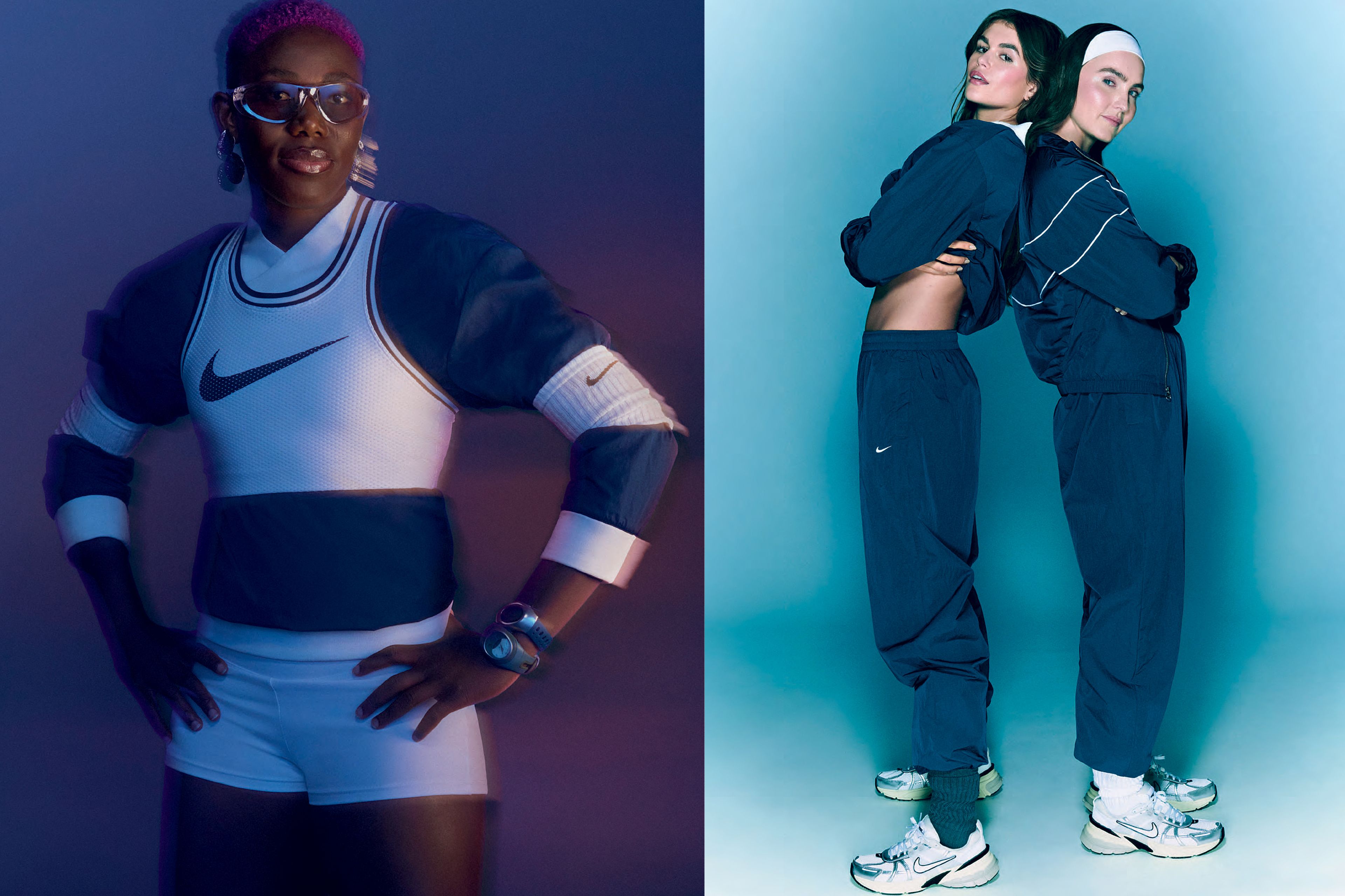 Two photos sit side by side. On the left, Asisat Oshoala wears the Nike Windrunner tracksuit V-neck crew in blue, overlayed with the Nike Jersey Sports Bra in white. Asisat, with her bright pink hair, stands in front of a blue/purple background with her hands on her hips. On the right, both Kaia Gerber and Nike Trainer Kirsty Godso wear the blue Nike Windrunner tracksuit. They stand back to back, leaning on each other, in front of a light blue background.