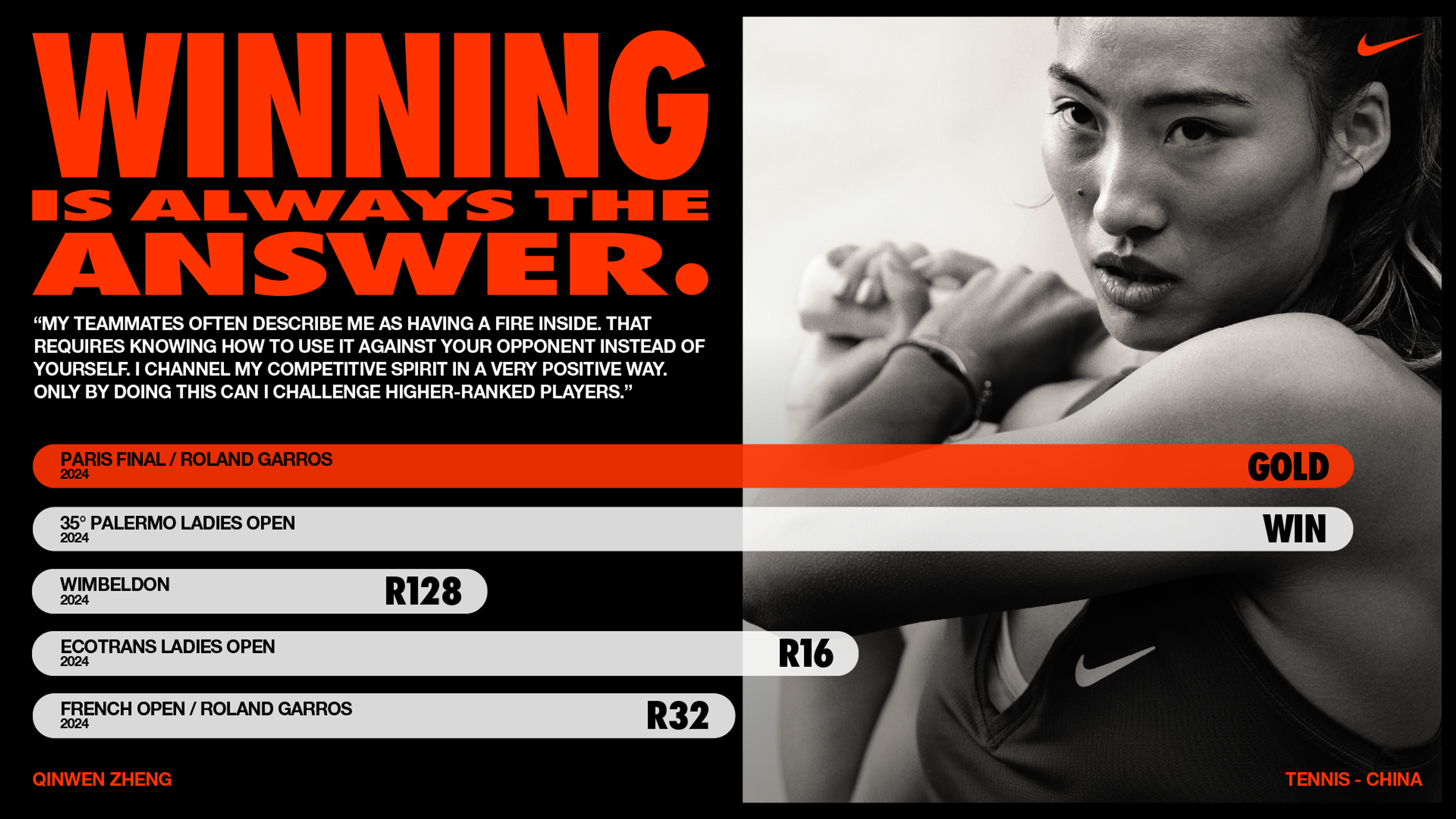 Horizontal poster format. On the left side is a bold red headline stating, "Winning is always the answer.", with a quote from Qinwen describing her competitive spirit, and an infographic that shows her winning record, highlighting her win at Roland Garros in red. On the right side of the poster, there is a black and white close up of Qinwen Zheng holding a tennis racquet over her shoulder with both hands. She wears a black NikeCourt Victory tank with a white Swoosh.