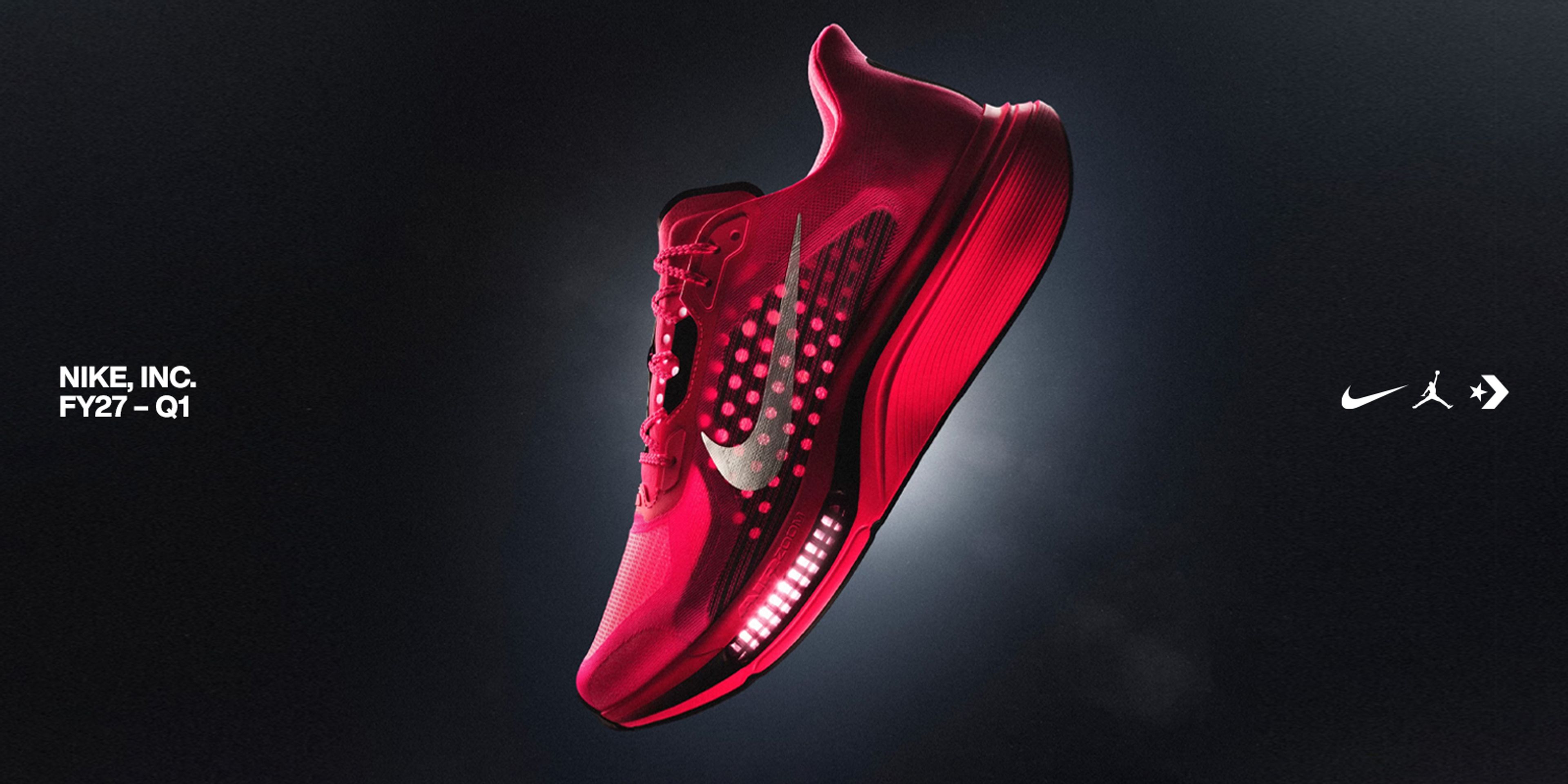 Red Nike Pegasus Plus 2 running shoe with Swoosh logo floating on dark background. NIKE, Inc. FY27 Q1 text, Nike, Jordan Brand and Converse logos visible.