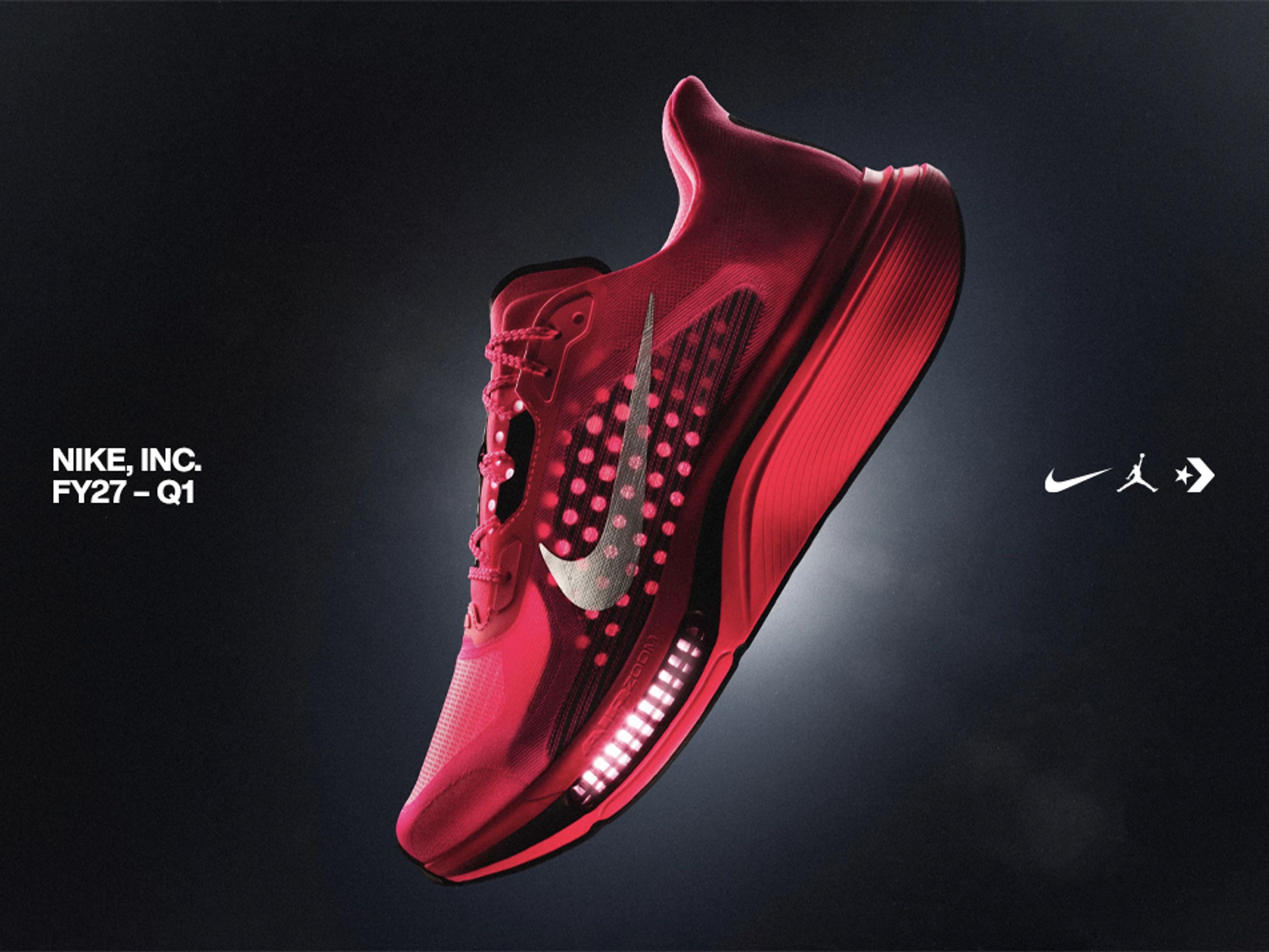 Red Nike Pegasus Plus 2 running shoe with Swoosh logo floating on dark background. NIKE, Inc. FY27 Q1 text, Nike, Jordan Brand and Converse logos visible.