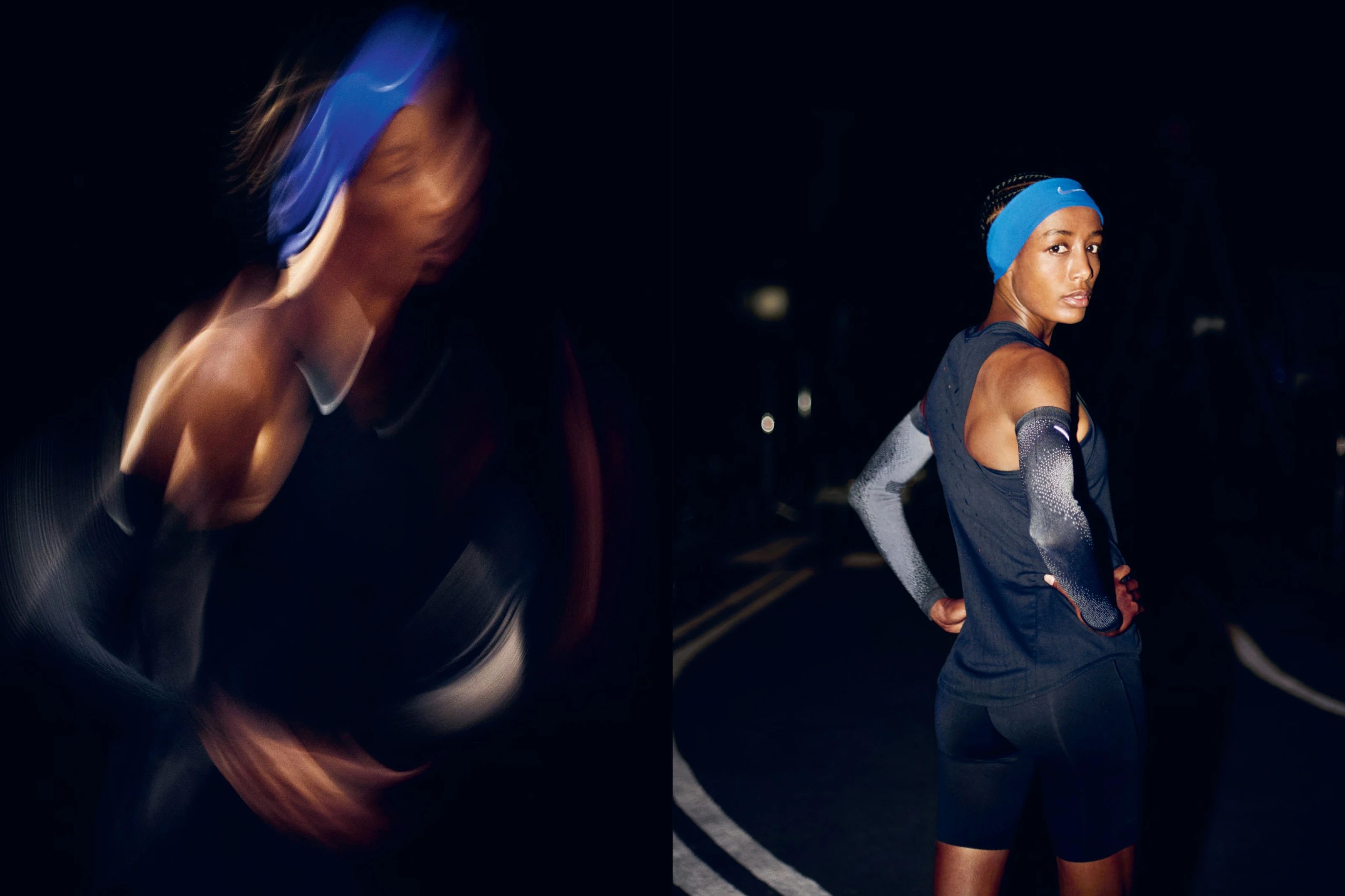 Side by side photos of Sifan Hassan taken at night. On the right, she looks back over her shoulder, wear navy running shorts and top, arm warmers, and a bright blue headband. On the left, the photo has a blurred effect, while Sifan runs.