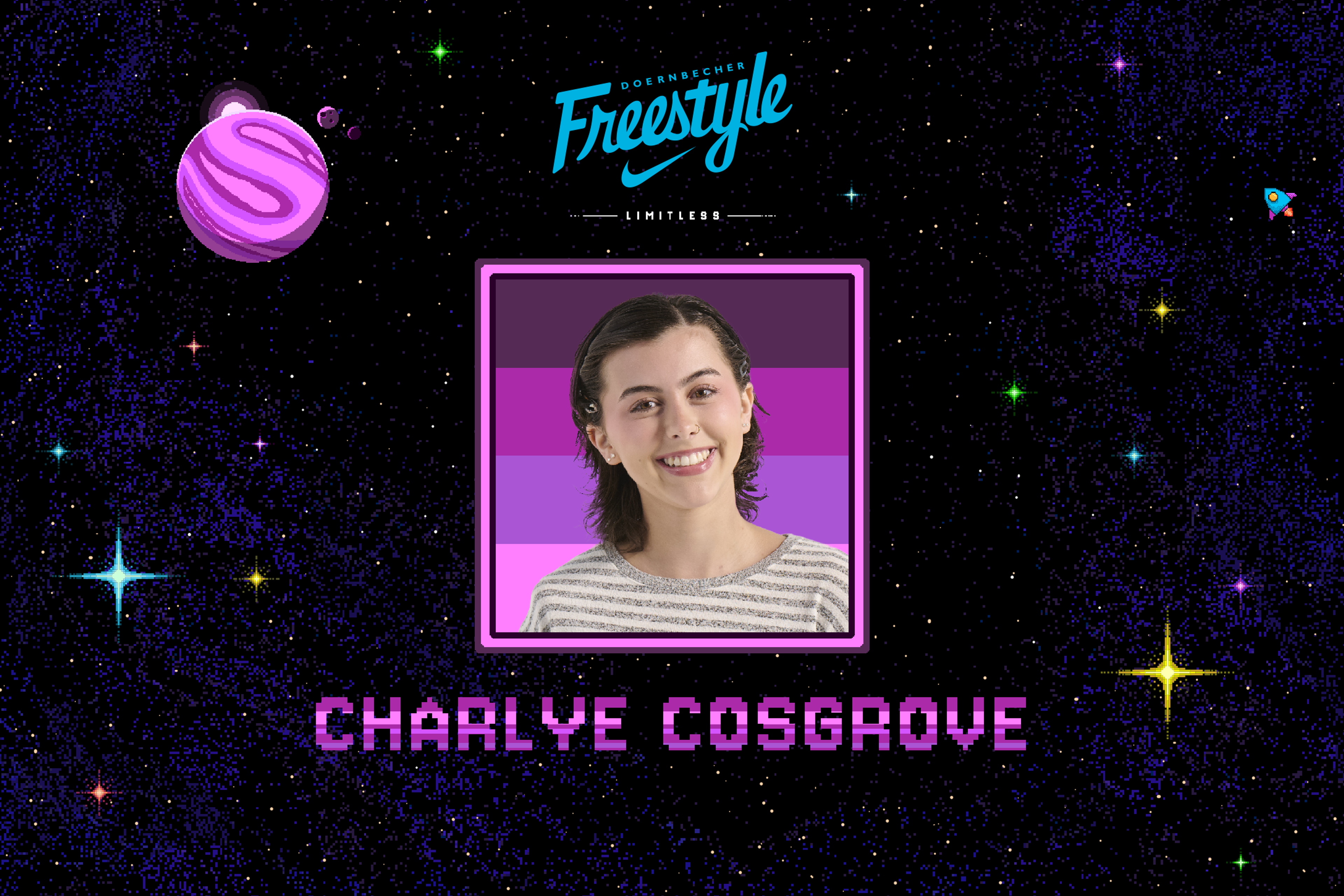 Charlye Cosgrove smiles in a portrait framed by a purple border.