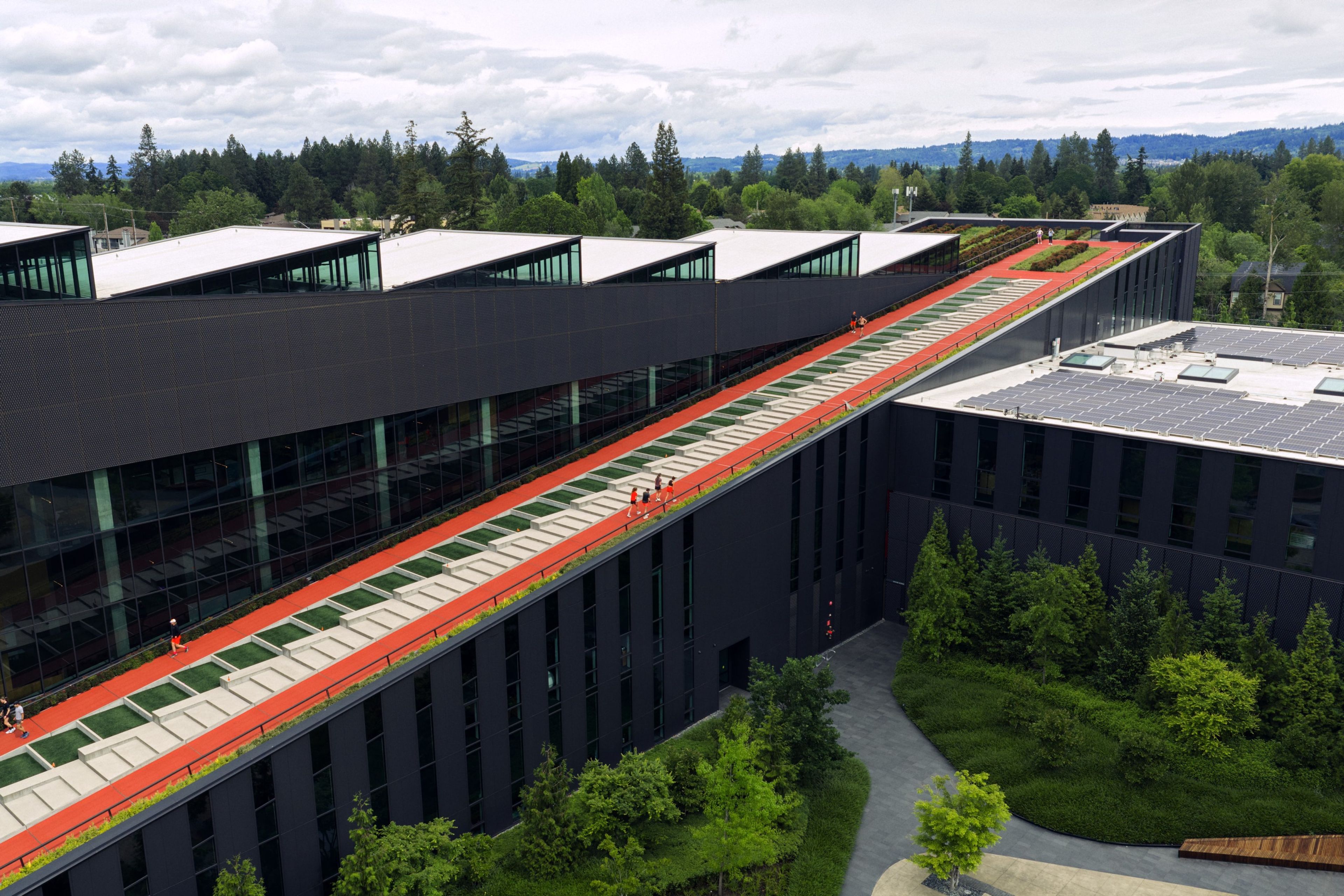 Aerial view of the LeBron James Innovation Center with its 15 percent grade running track running parallel to the building.