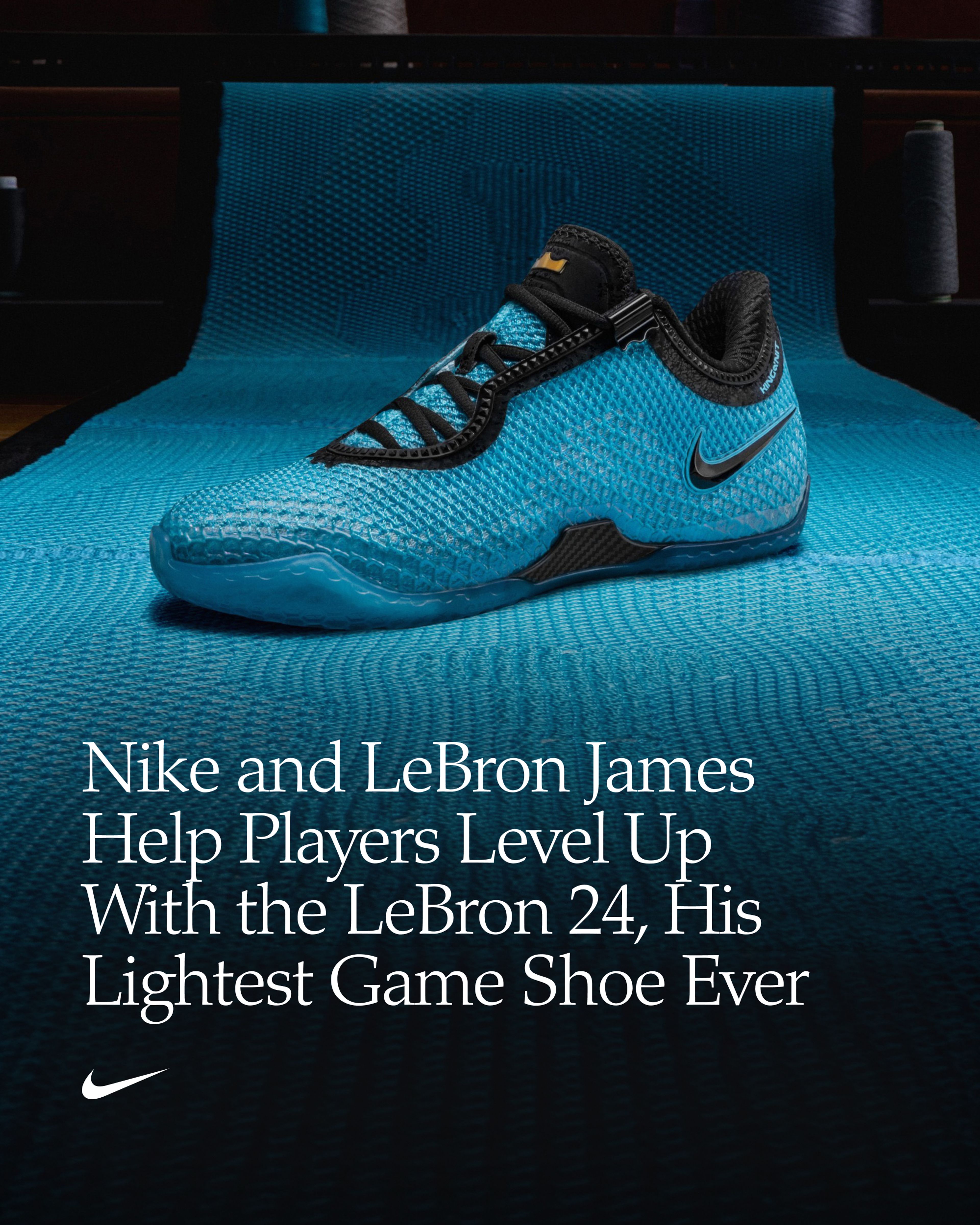Nike LeBron 24 basketball shoe in teal knit upper with black laces, gold crown detail, and carbon fiber outsole, with Nike Swoosh logo