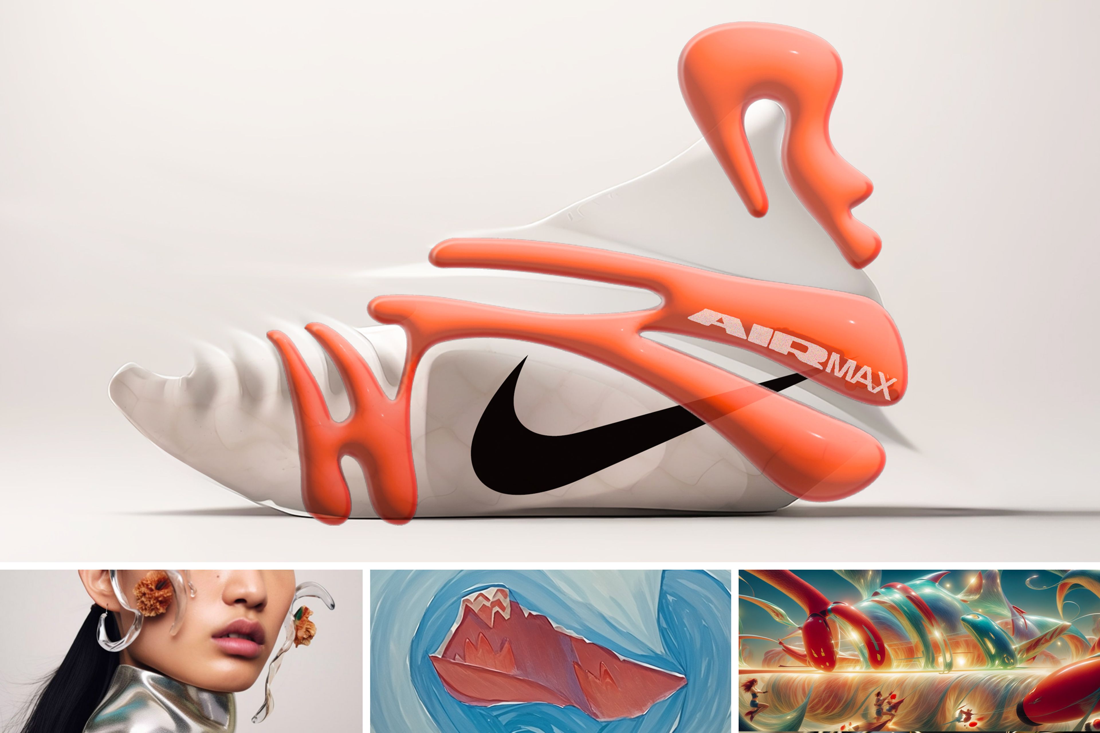 AI generated shoe concepts for tennis player Zheng Qinwen. Concept images include a white shoe with orange lining wrapping around it as well as other abstract images that were shaped by emotions associated with Qinwen like happiness and playfulness.