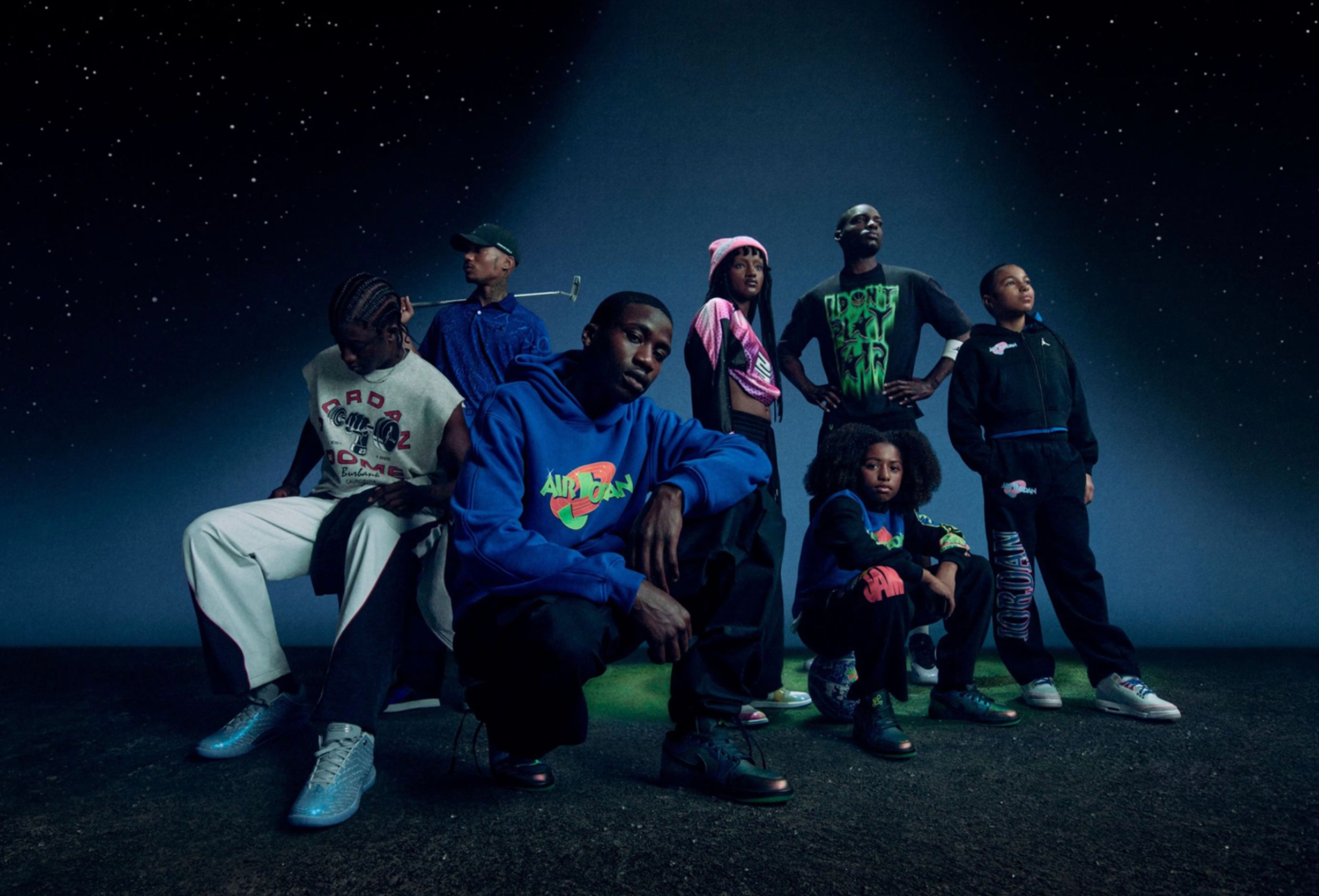 Group of people wearing Jordan Brand x Space Jam Collection apparel and Air Jordan sneakers.