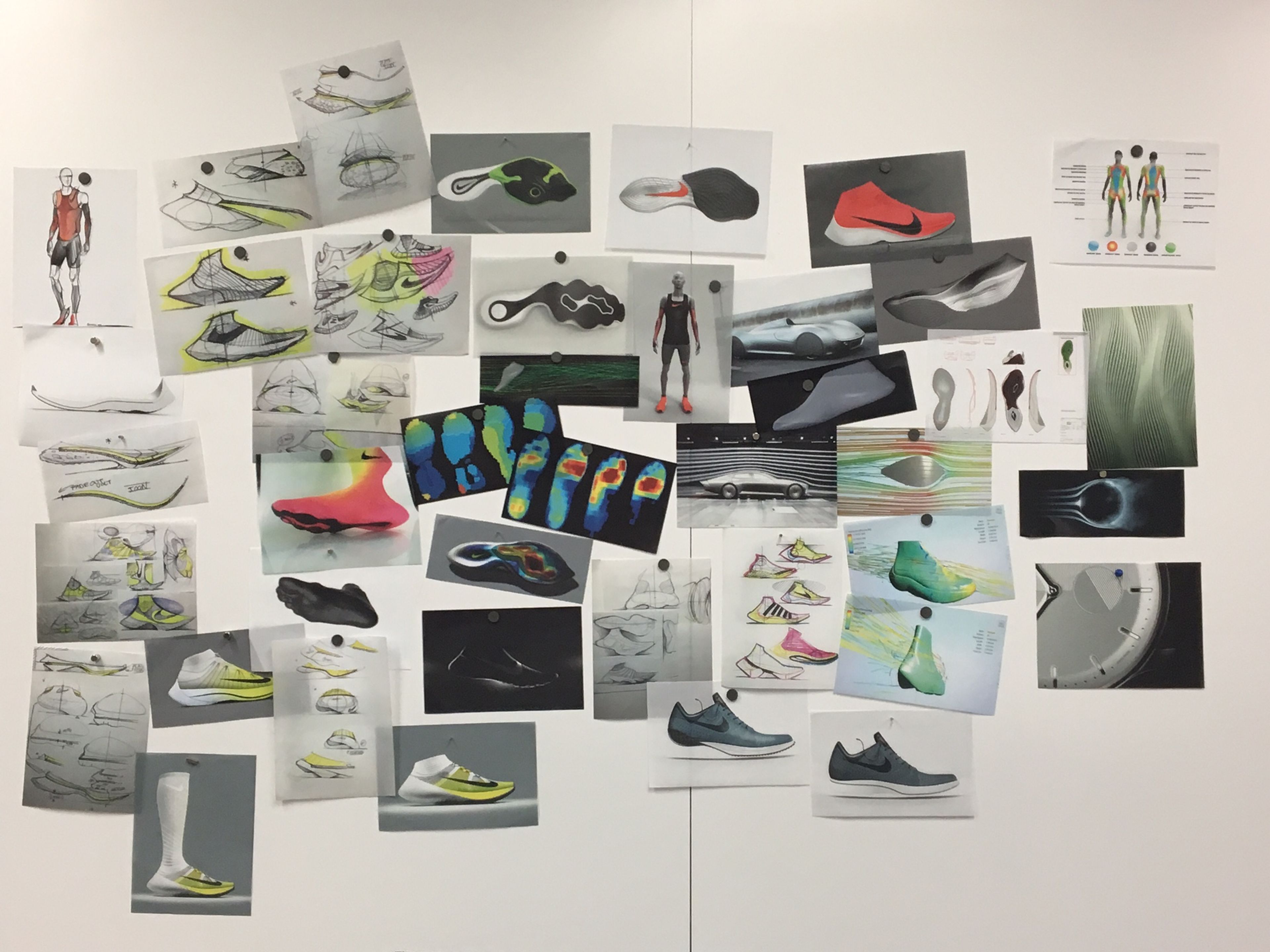 A mood board collage of sneaker design sketches, prototypes, and inspiration images pinned to a white wall.