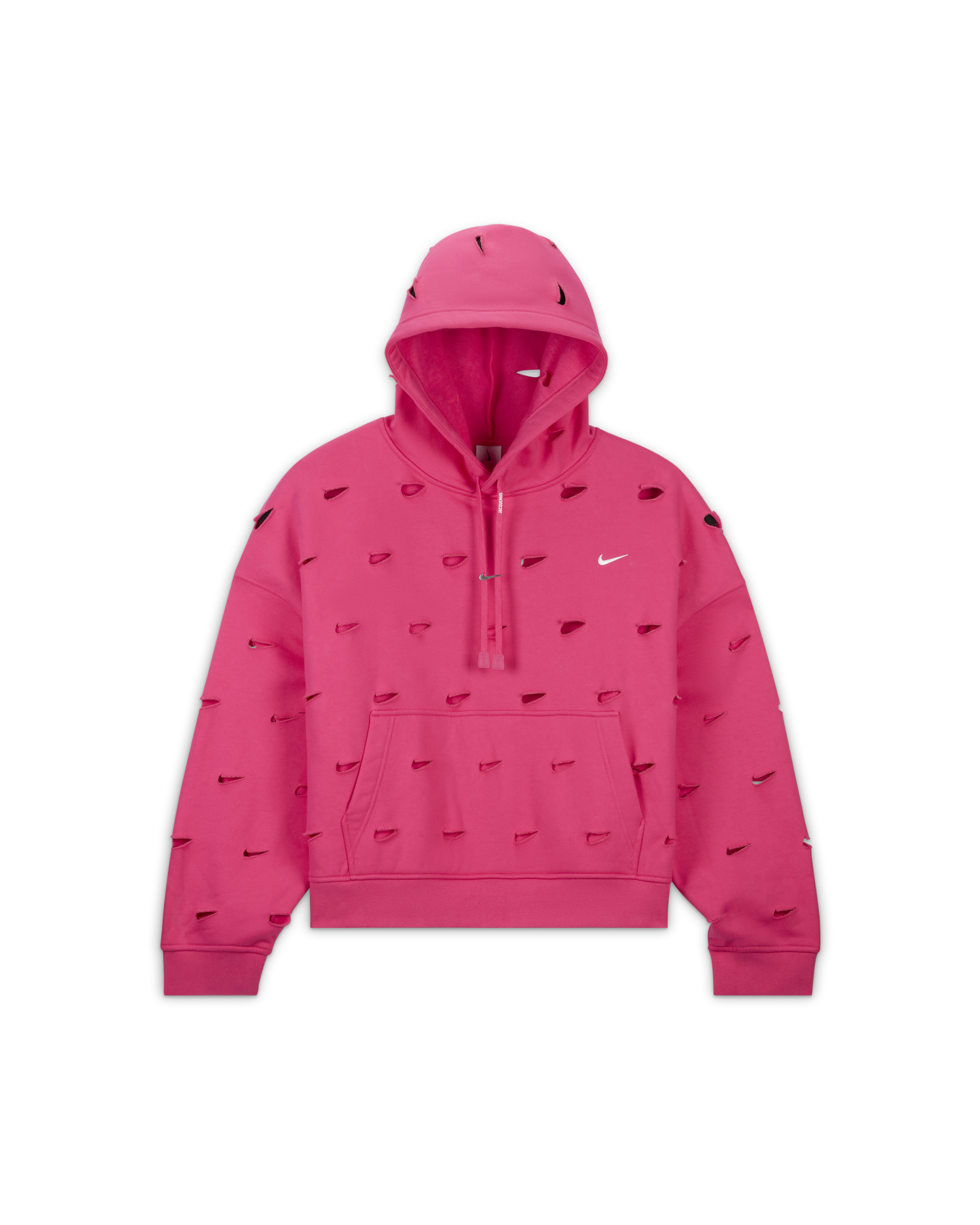 Overhead view of the Nike x Jacquemus Swoosh Hoodie in watermelon pink. Laser cut Swooshes are placed over the entire hoodie and there is a silver Swoosh logo adorning the drawcord. The hoodie floats on a black background.