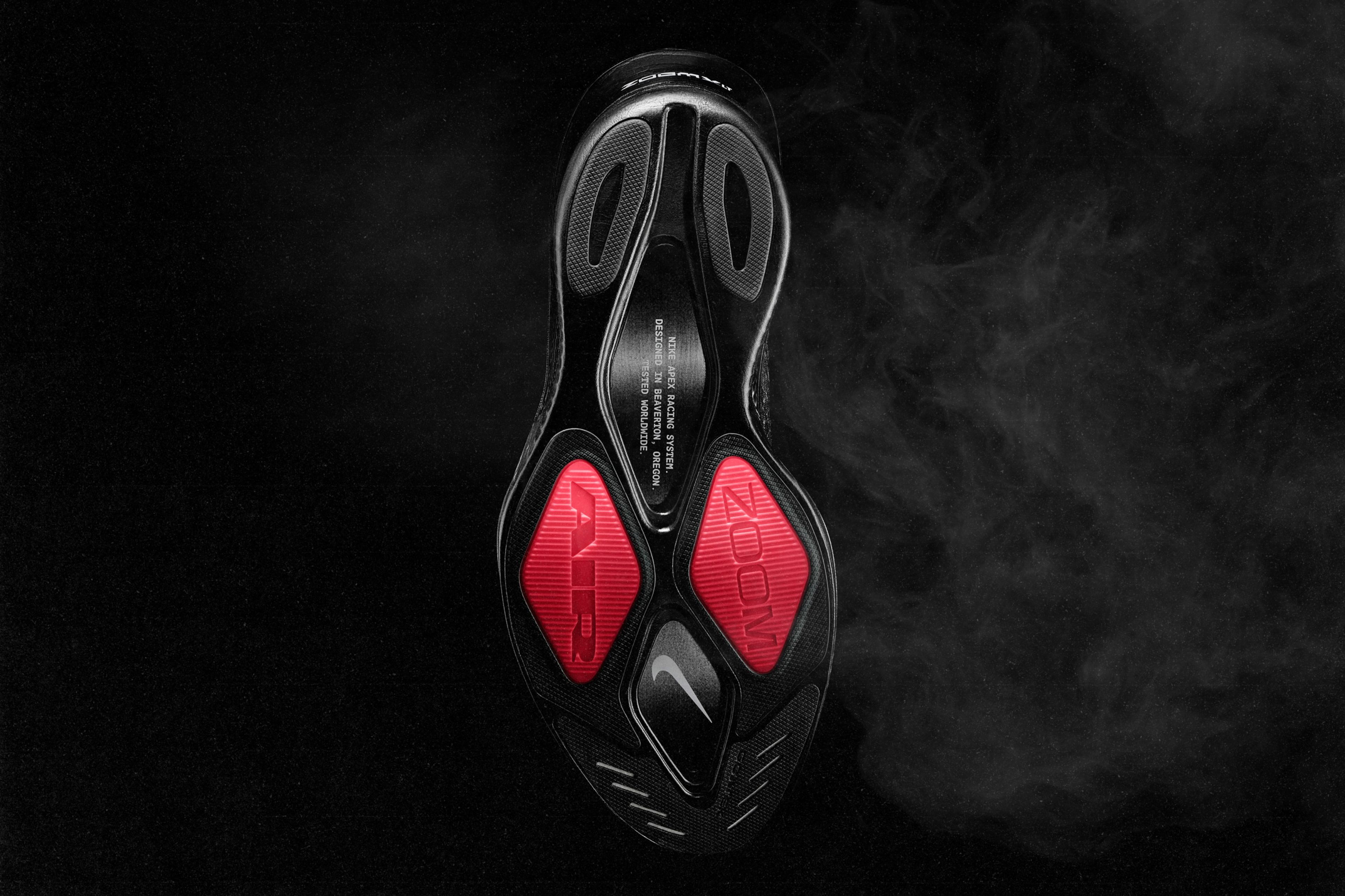 The outsole of the Nike Apex racing shoe with GOATEK and Fast Shot technologies.