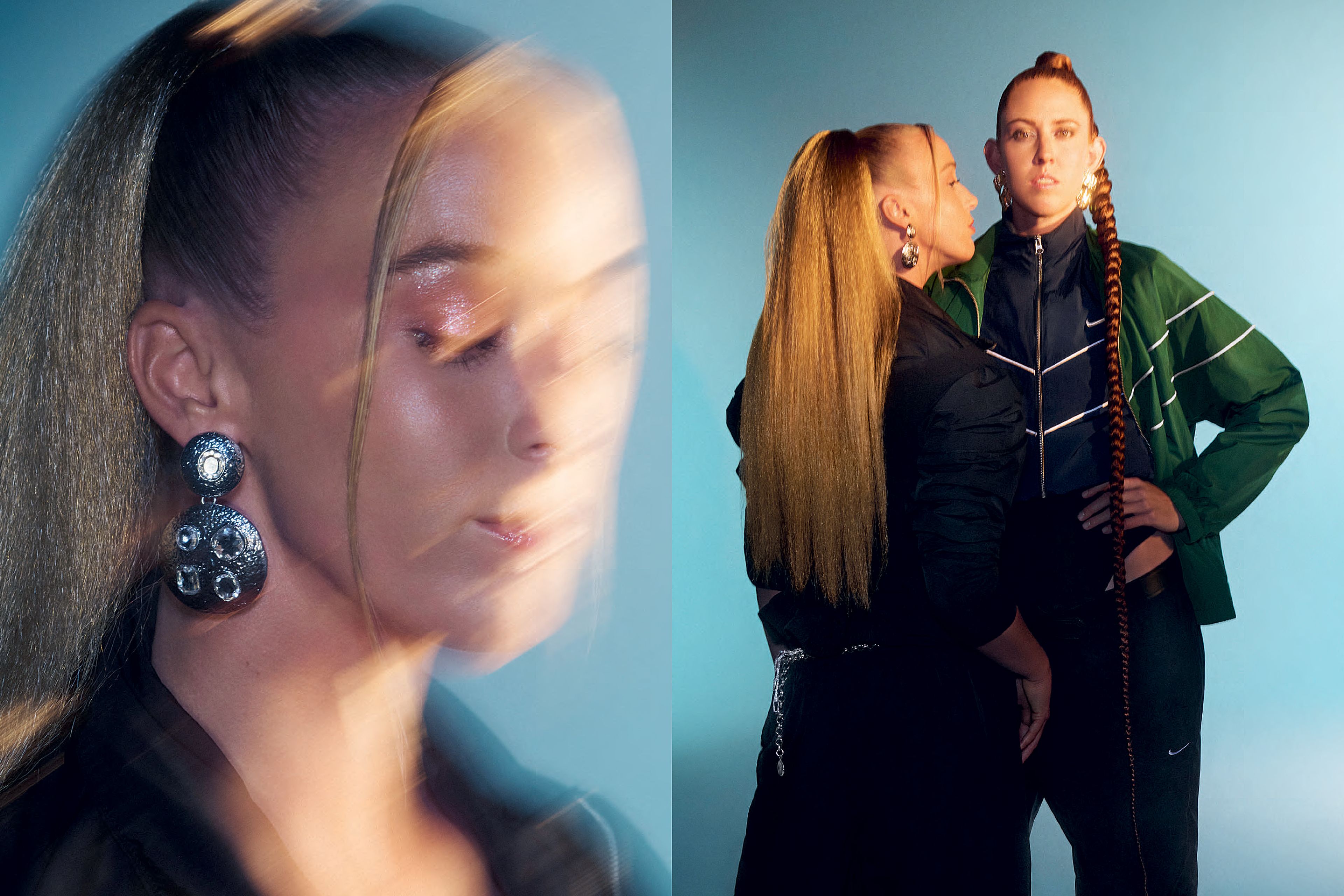 Two photos sit side by side. One the left, is a slightly distorted image of Sarah Hughes' face in portrait with her eyes closed. On the right, we see full-body views of Sarah Hughes and Kelly Cheng. Sarah's back is toward the camera and she wears a black Nike Windrunner tracksuit as she faces Kelly Cheng, who wears a black Nike Windrunner tracksuit with an additional green Nike Windrunner jacket layered on top. Kelly looks directly at camera wearing a her hair in a long braid.