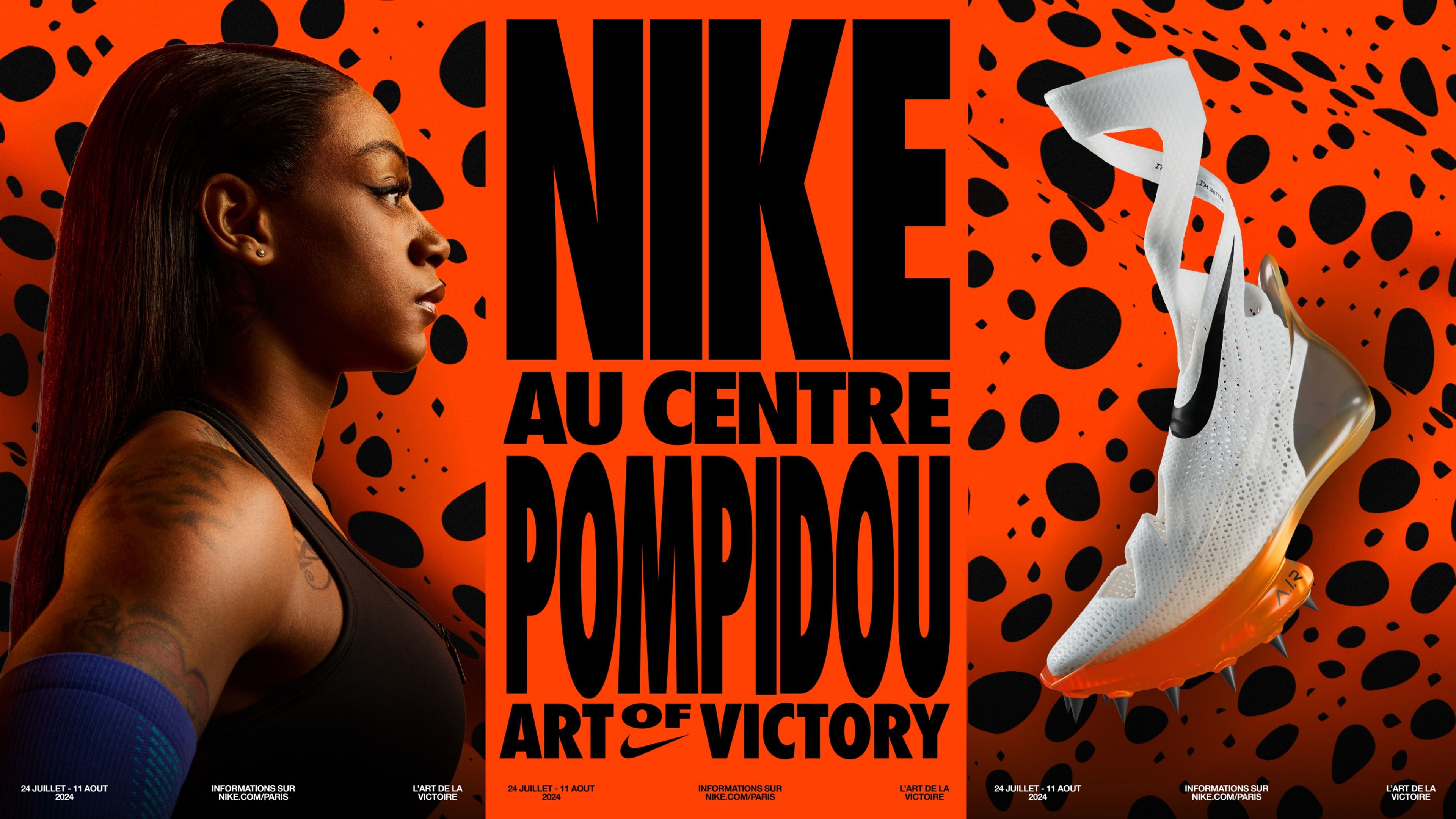 Promotional graphic combines three images. On the left, Sha'Carri Richardson looks determinedly to the right in a black running tank. In the center, black lettering reads Nike Au Centre Pompidou, Art of Victory. On the right, an innovative track spike featuring Air technology floats. All elements sit against an Electric pattern background, orange with blue/black speckled spots.