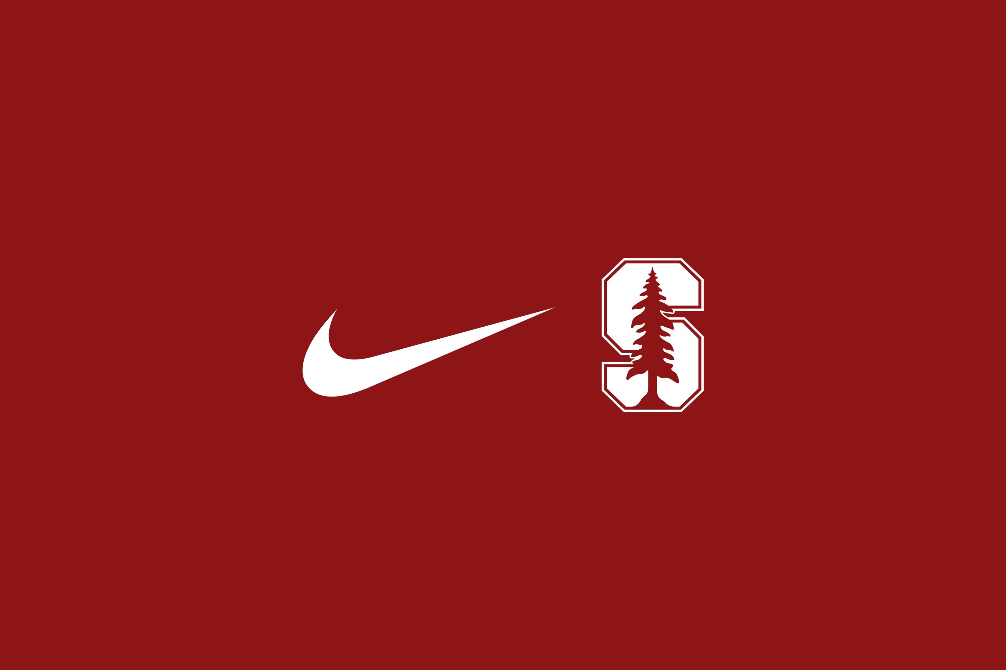 Nike Swoosh and Stanford logos, side by side against a red background