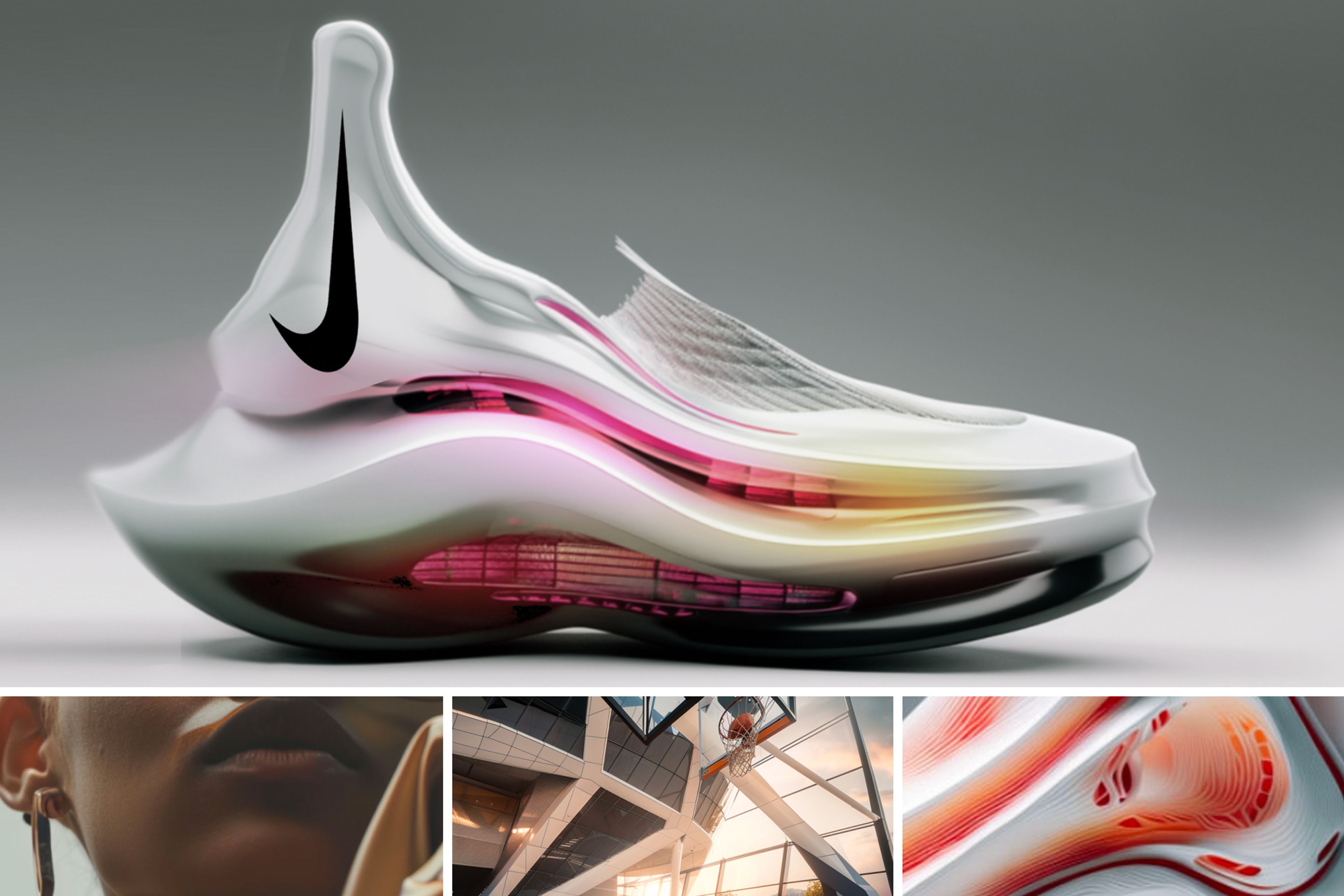 AI generated concepts for A'ja Wilsons basketball shoe. Concept images includes a white shoe with a high collar, a close up of the bottom half of a woman's face, an indoor basketball court with sunlight coming through the windows, and orange and white soles.