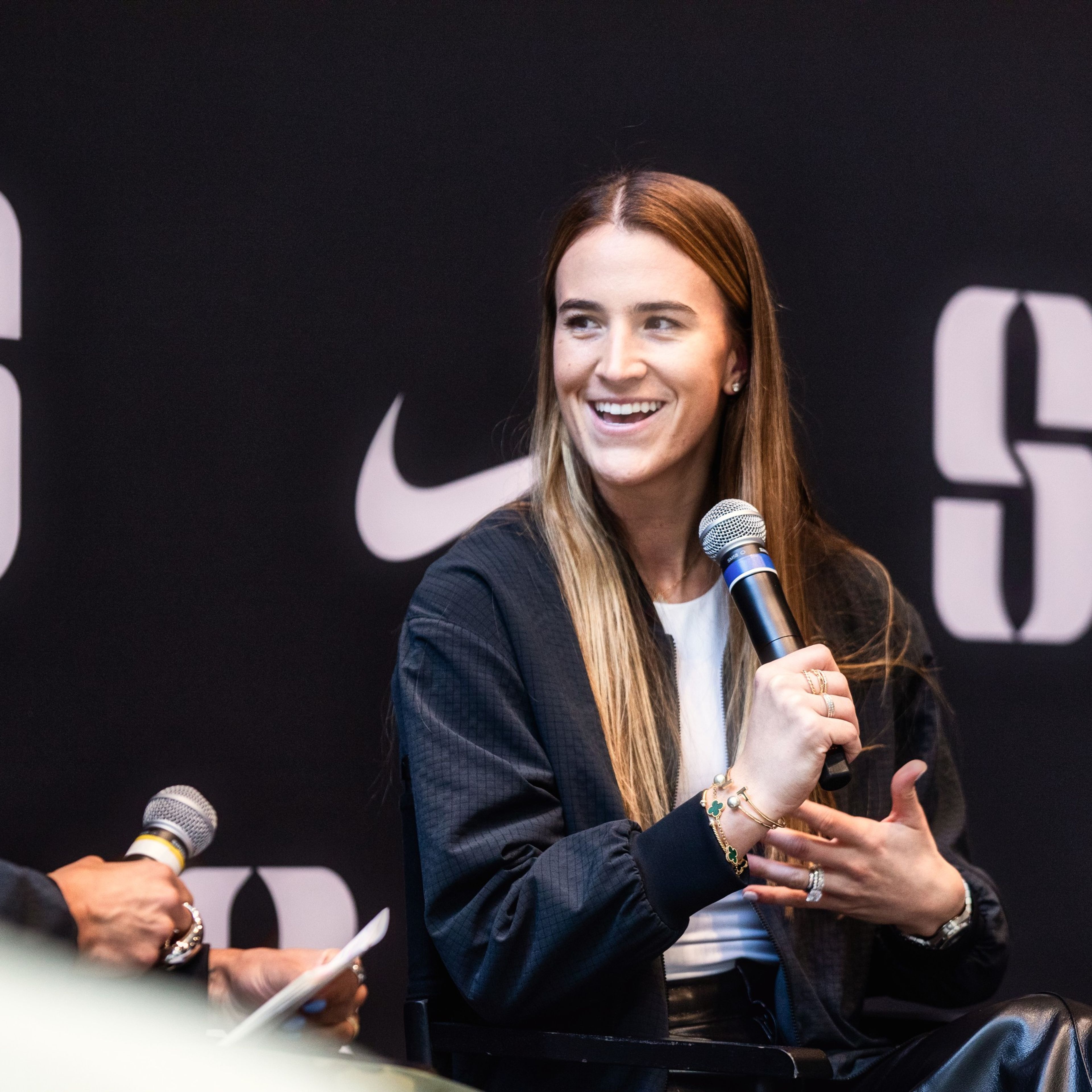 Sabrina Ionescu speaking with Jess Sims at the Sabrina 2 signature collection launch in New York City