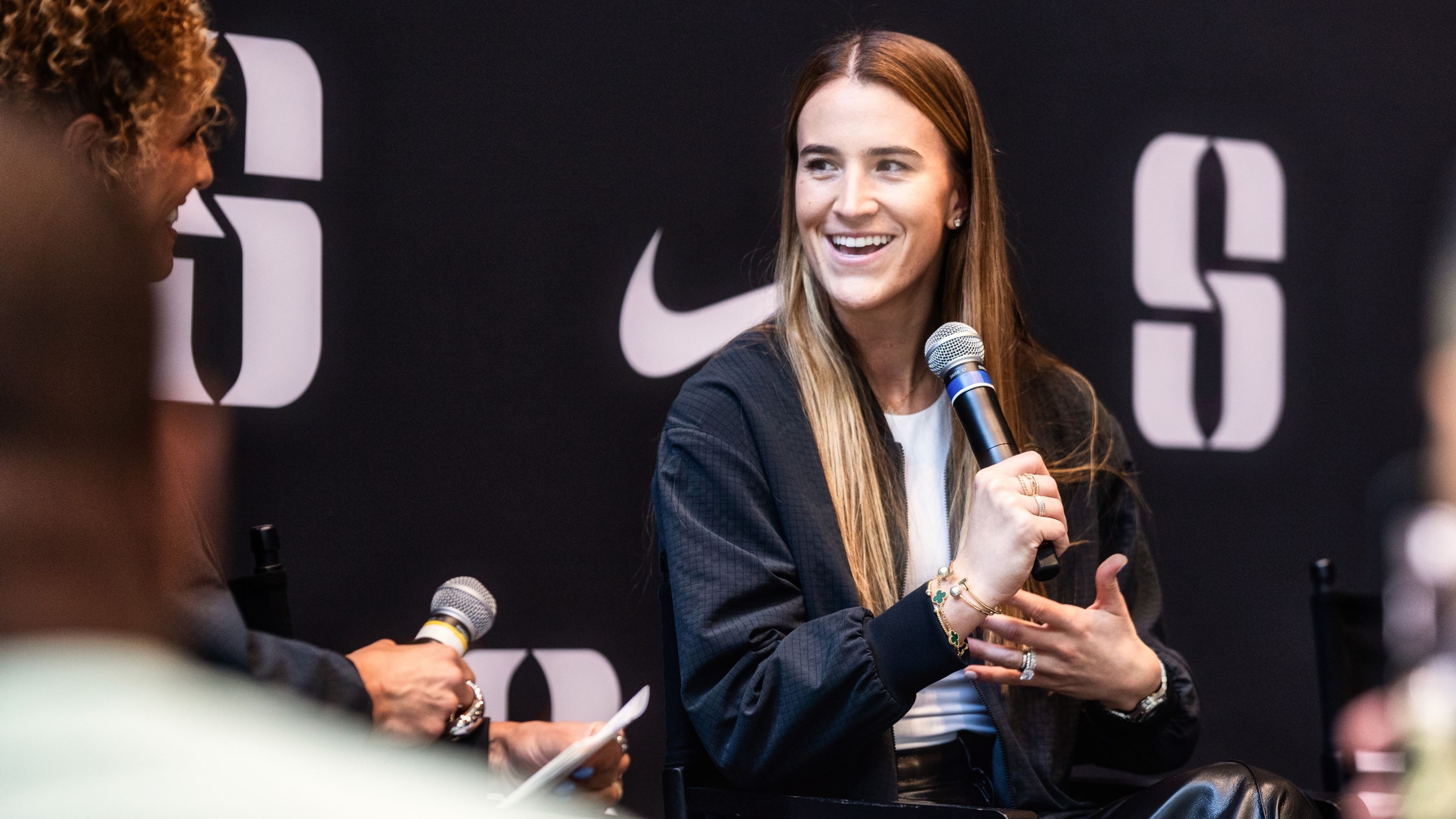 Sabrina Ionescu speaking with Jess Sims at the Sabrina 2 signature collection launch in New York City