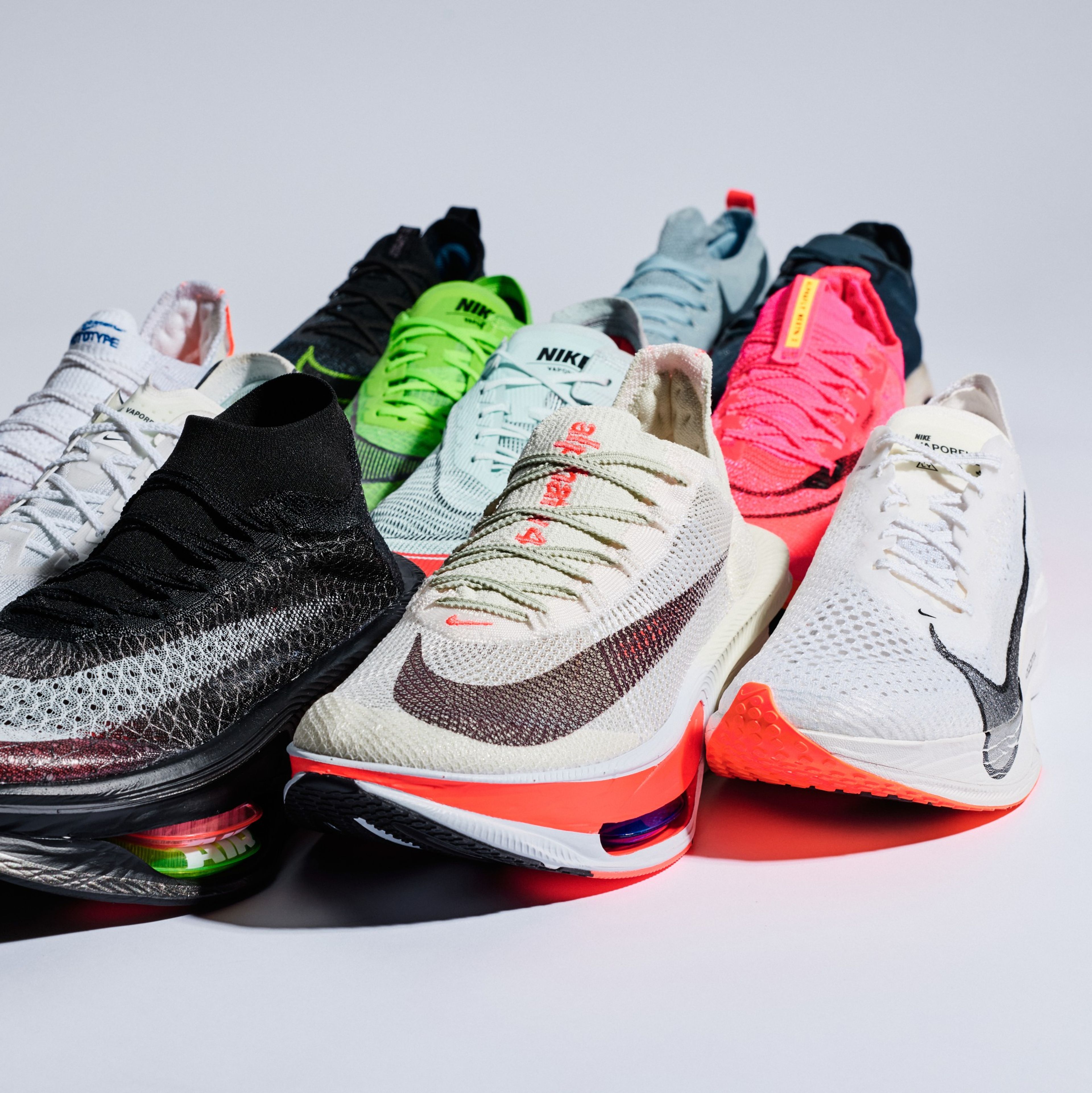 Collection of Nike Vaporfly and Alphafly running shoes in multiple colorways.