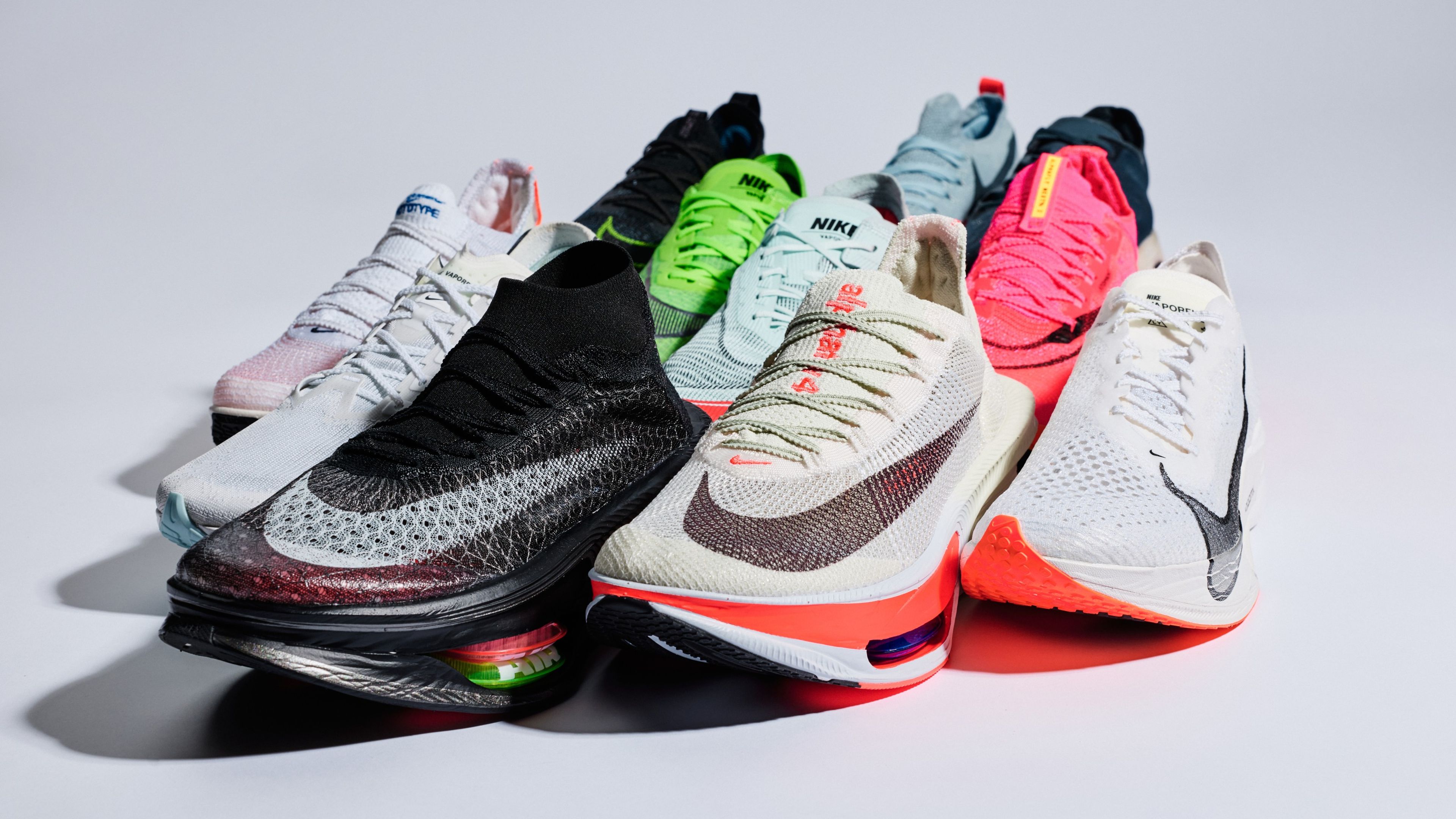 Collection of Nike Vaporfly and Alphafly running shoes in multiple colorways.