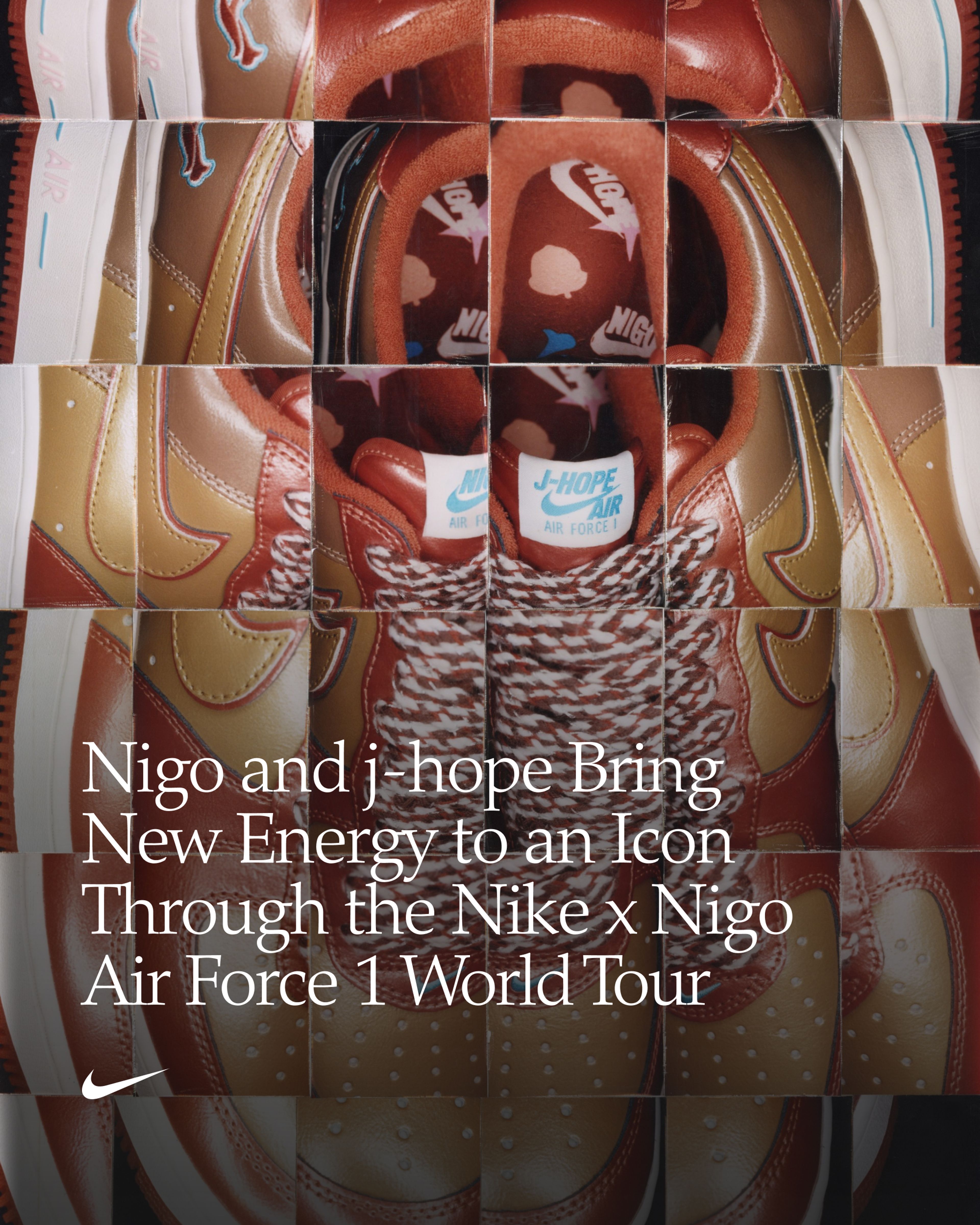 Promotional graphic for the Nike x Nigo x j-hope Air Force 1 World Tour collaboration featuring a collage of brown and tan leather sneakers with co-branded tongue labels. The image features a Nigo x j-hope headline overlay.
