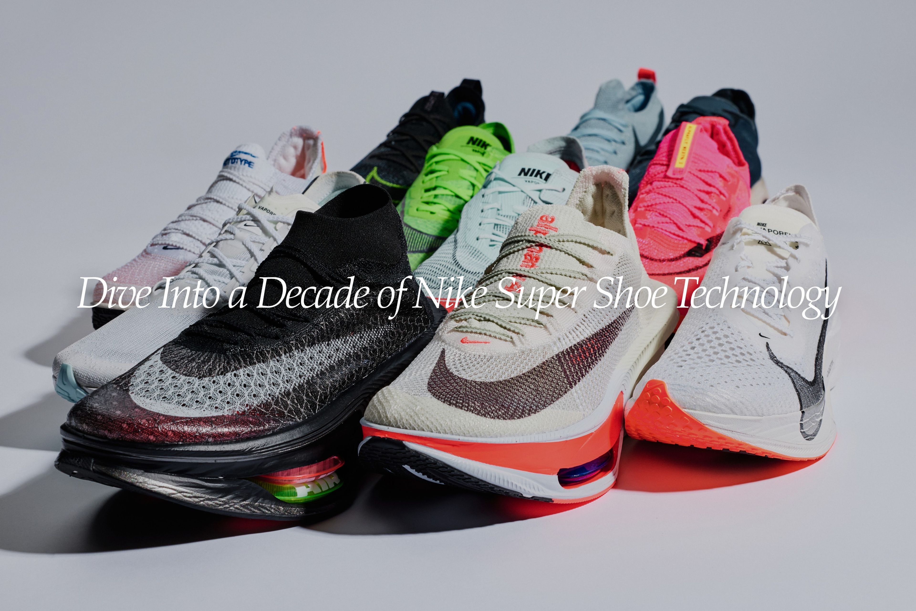 Collection of Nike Vaporfly and Alphafly running shoes in multiple colorways with the text "Dive Into a Decade of Nike Super Shoe Technology."