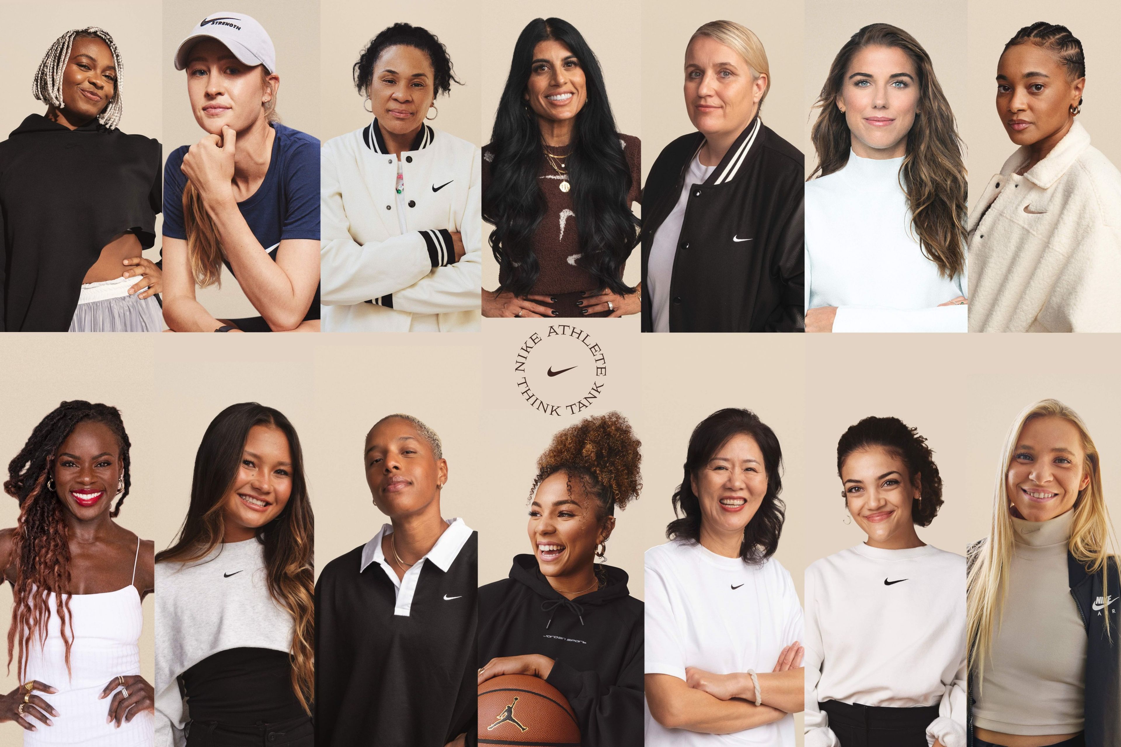 Nike's Athlete Think Tank that includes athletes Alex Morgan, Alice Dearing, Kiki Rice, Laurie Hernandez, Nelly Korda, Oksana Masters, Romane Dicko, Sky Brown, Tunde Oyeneyin and Yulimar Rojas, as well as coaches Emma Hayes, Jenny Lang Ping, Dawn Staley and Diljeet Taylor.