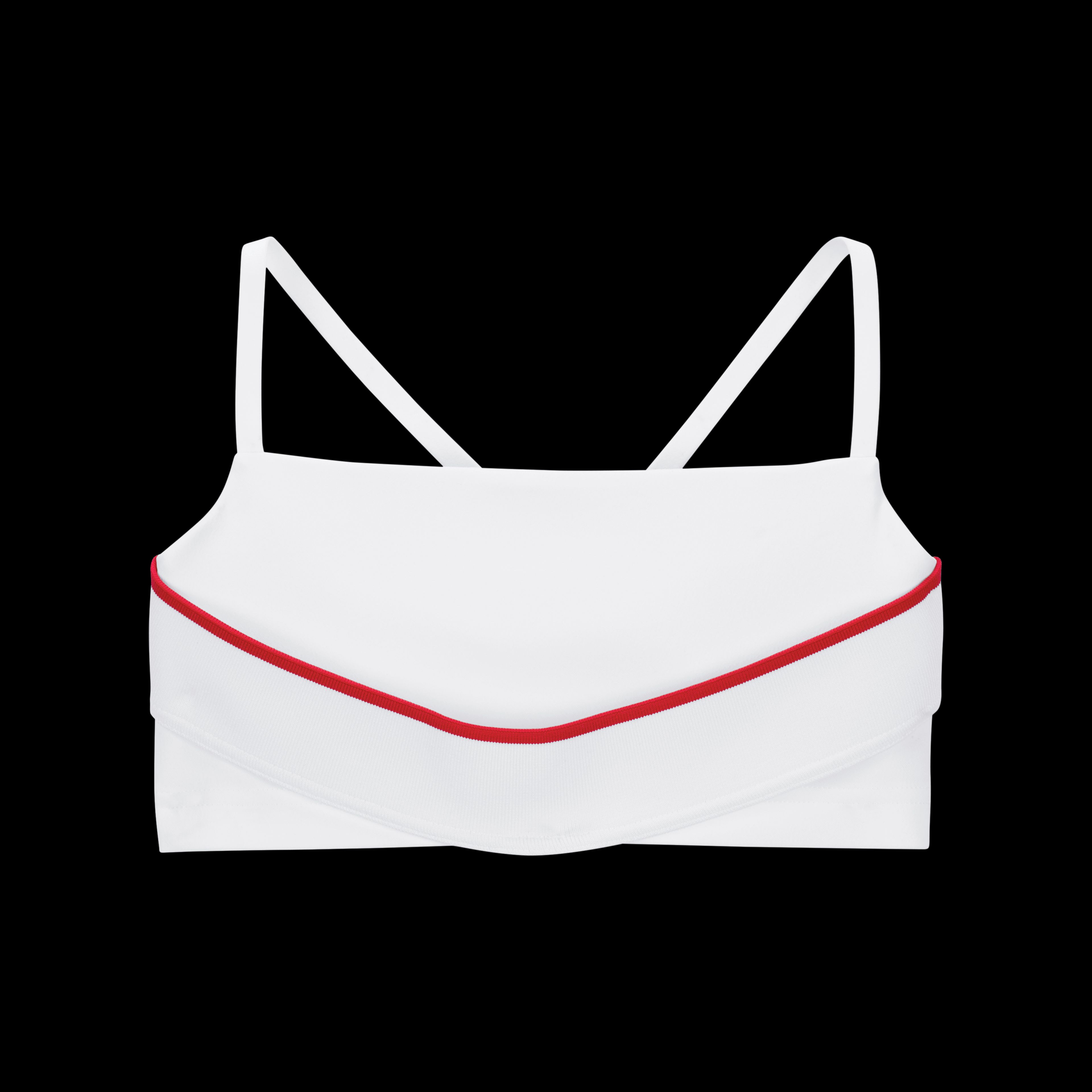 Overhead view of the Nike x Jacquemus Women's Bra in white with a university red pinstripe that curves across the chest. Thin white straps cross in the back. The bra floats on a black background.