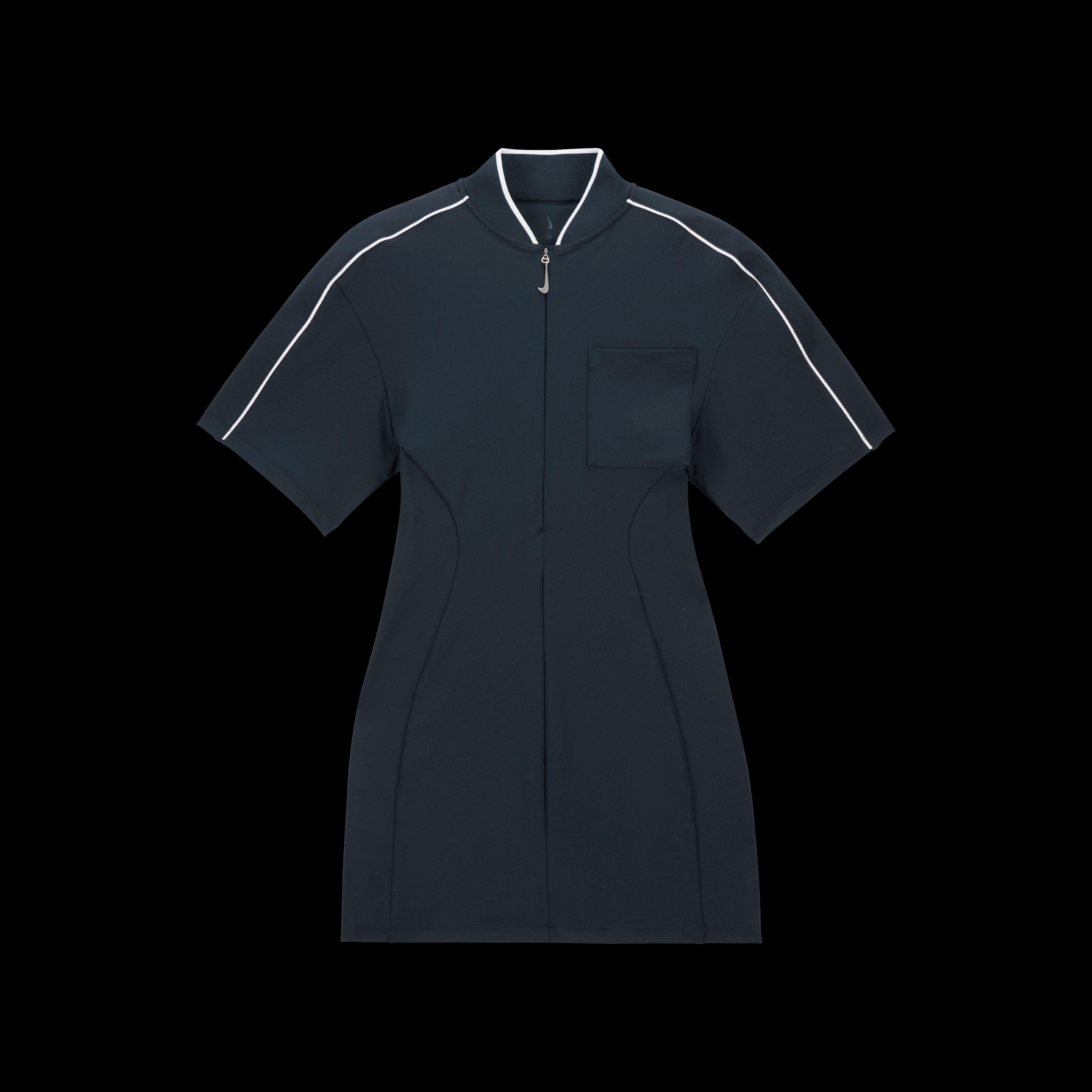Overhead view of the Nike x Jacquemus Women's Dress in dark obsidian with white pinstripes at neck and across shoulders and sleeves. The zipper pull is white and in the shape of a Nike Swoosh. The short sleeve dress floats on a black background.