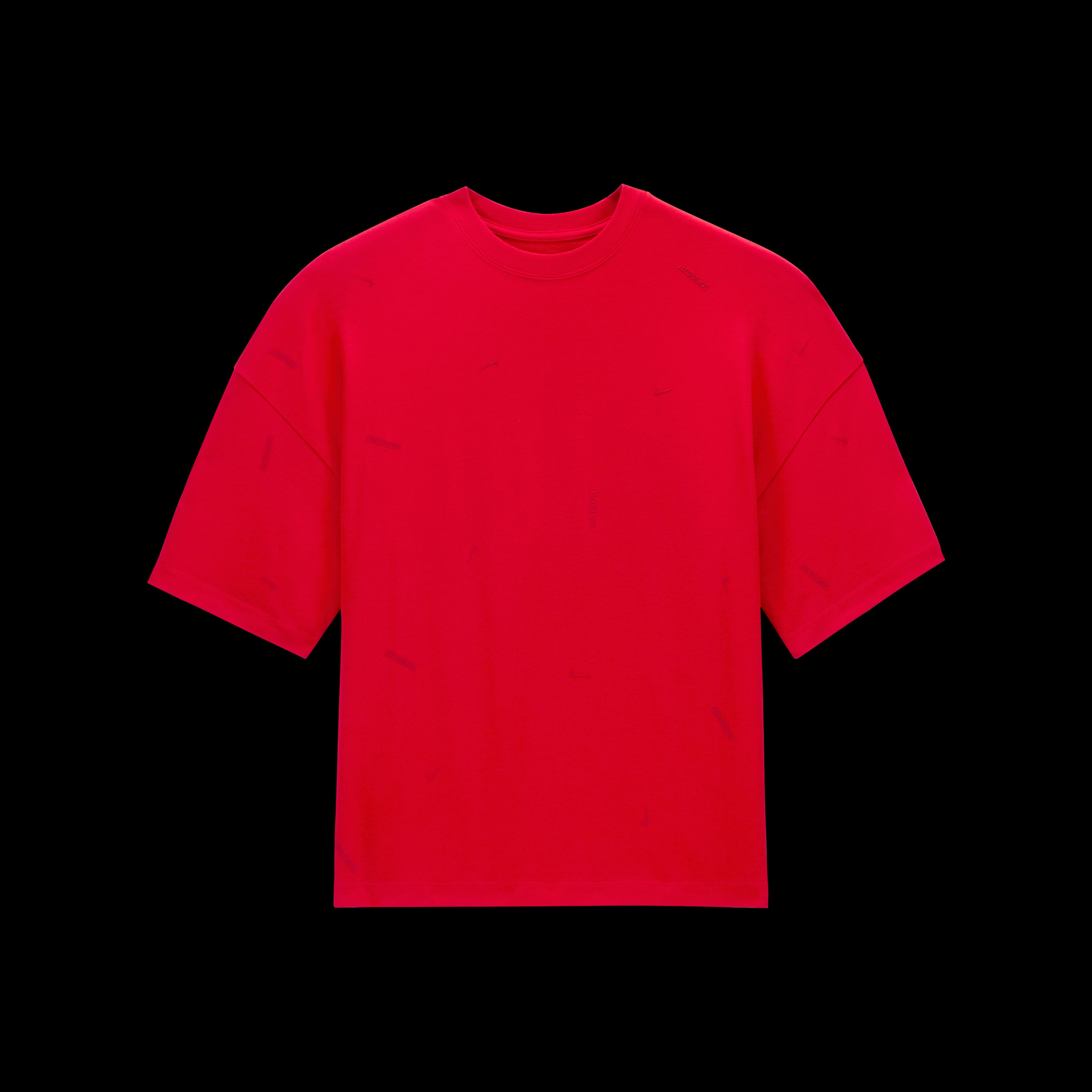 Overhead view of the Nike x Jacquemus Short Sleeve Tee Shirt in university red. Tee shirt floats on a black background.