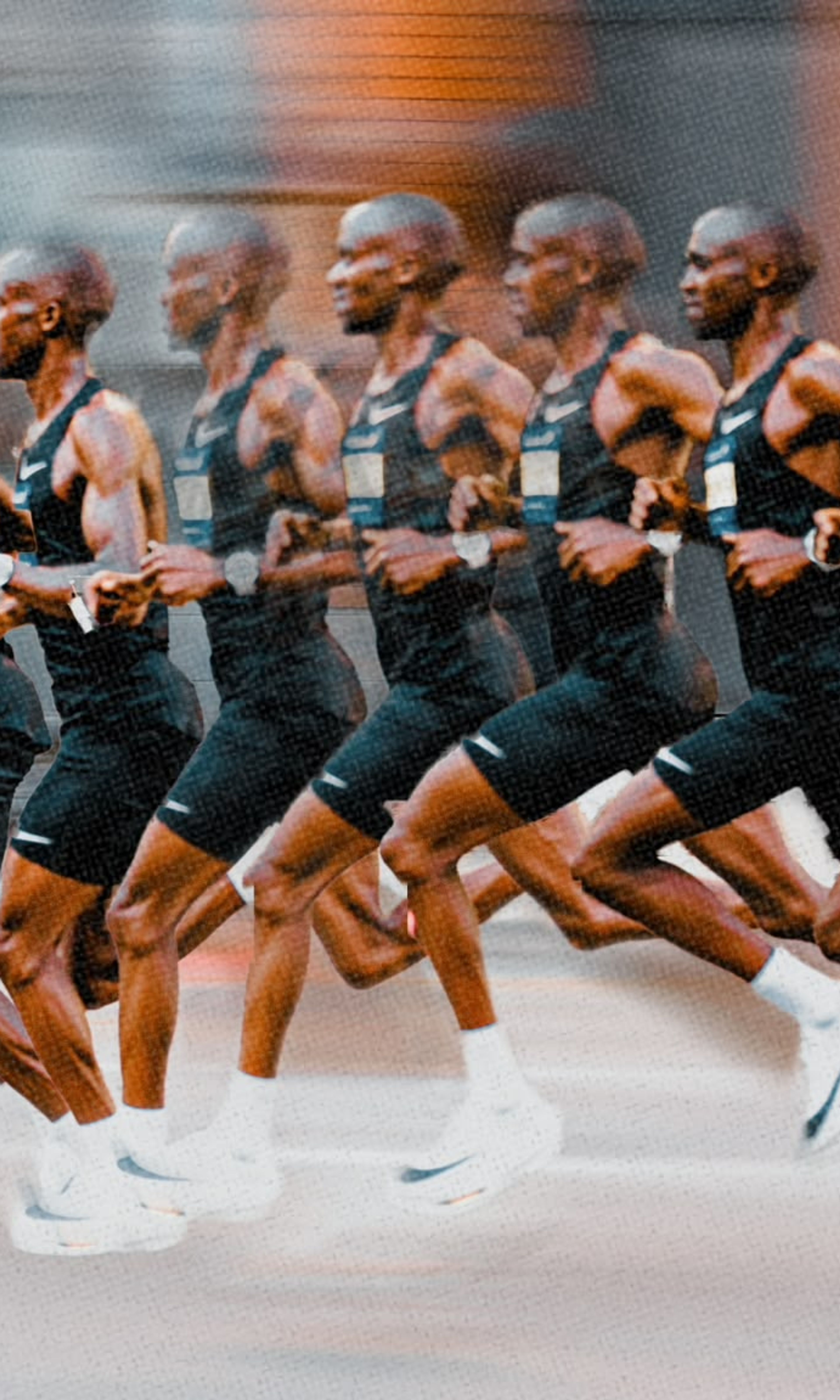 Multiple exposure sequence of a Nike athlete Jacob Kiplimo in black Nike racing kit captured mid-stride.