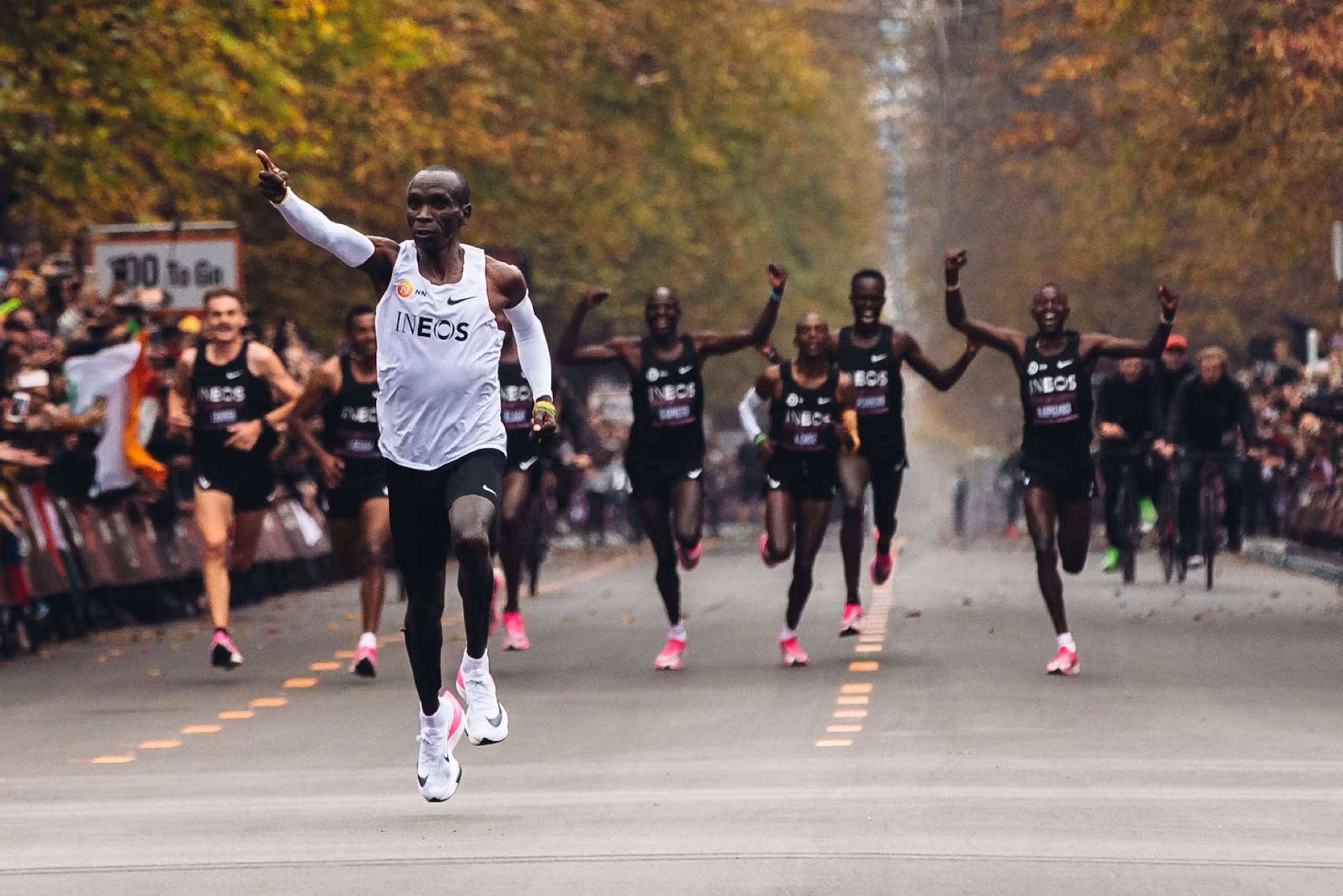 Eliud Kipchoge crossing the finish line at the INEOS 1:59 Challenge in Vienna, Austria on October 12, 2019, becoming the first person to run a marathon in under two hours.