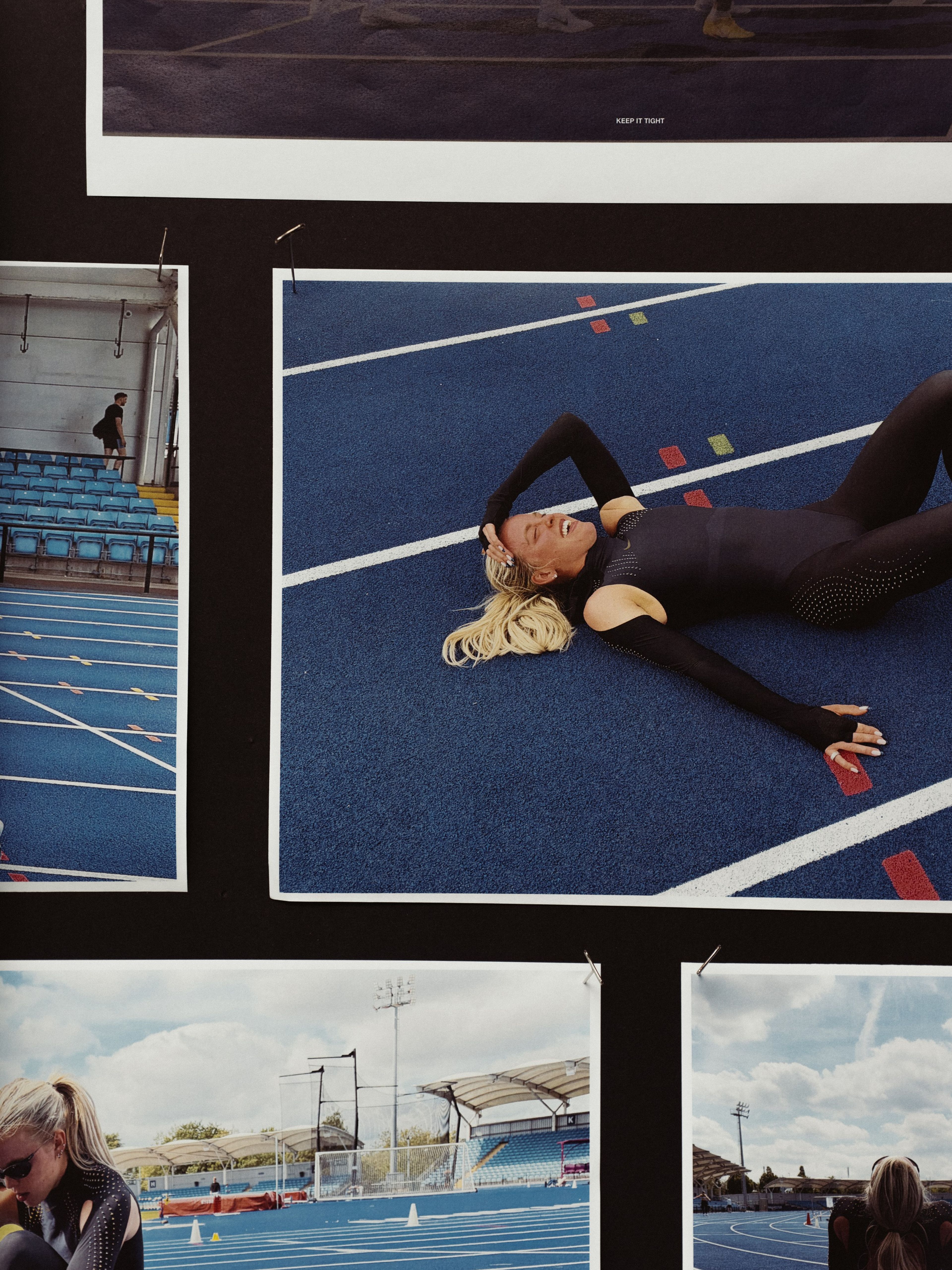 A collage of photos where only the photo at right is mostly visible. In that photo, Keely Hodgkinson lays on a track with her hand on her head during a fitting for her black full-body speed suit, which she's wearing.