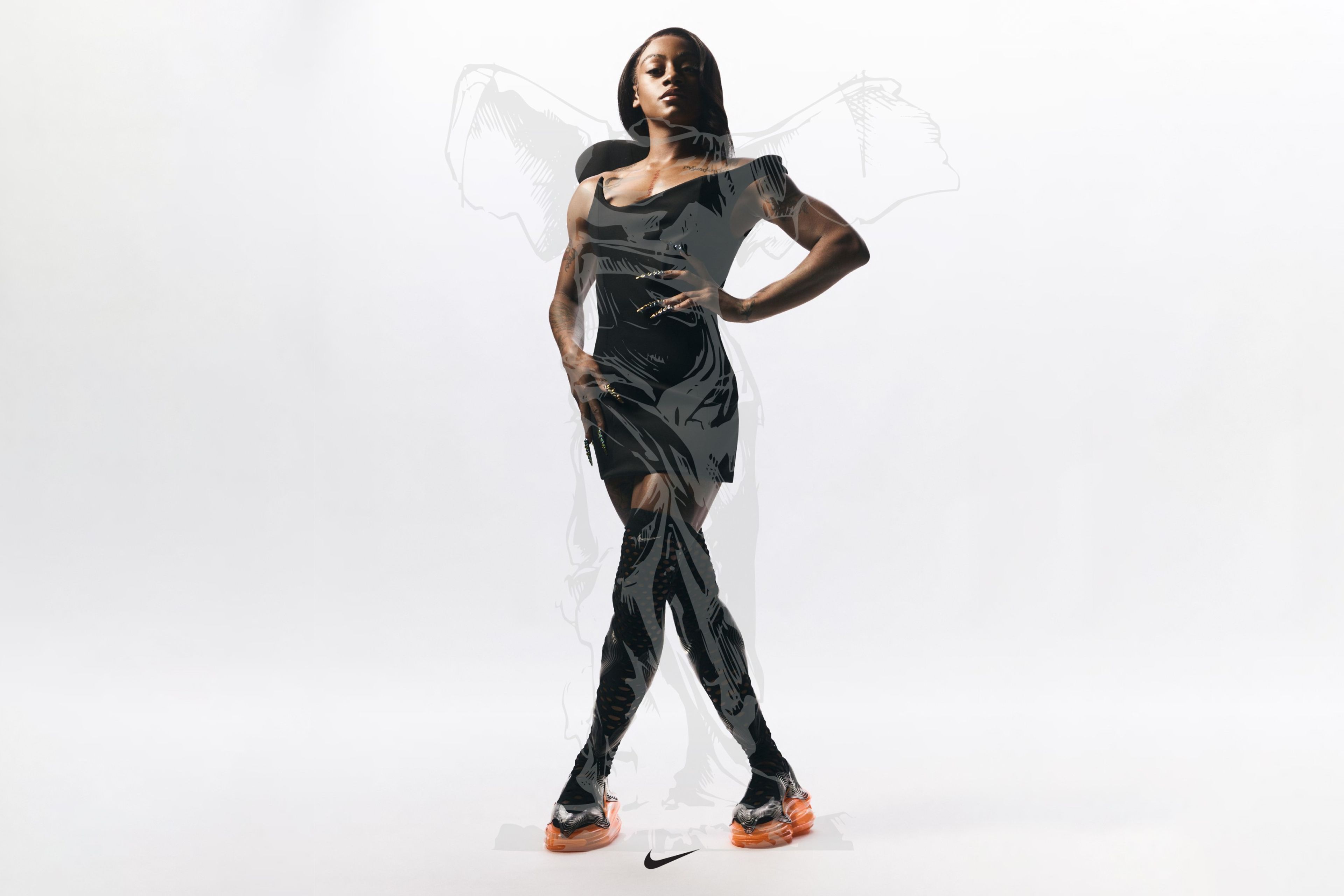 Full body portrait of ShaCarri Richardson, looking confident, directly at the camera. She stands in a black dress with over-the-knee Nike socks. Her full body is overlayed with an illustration of Nike, winged goddess of victory.