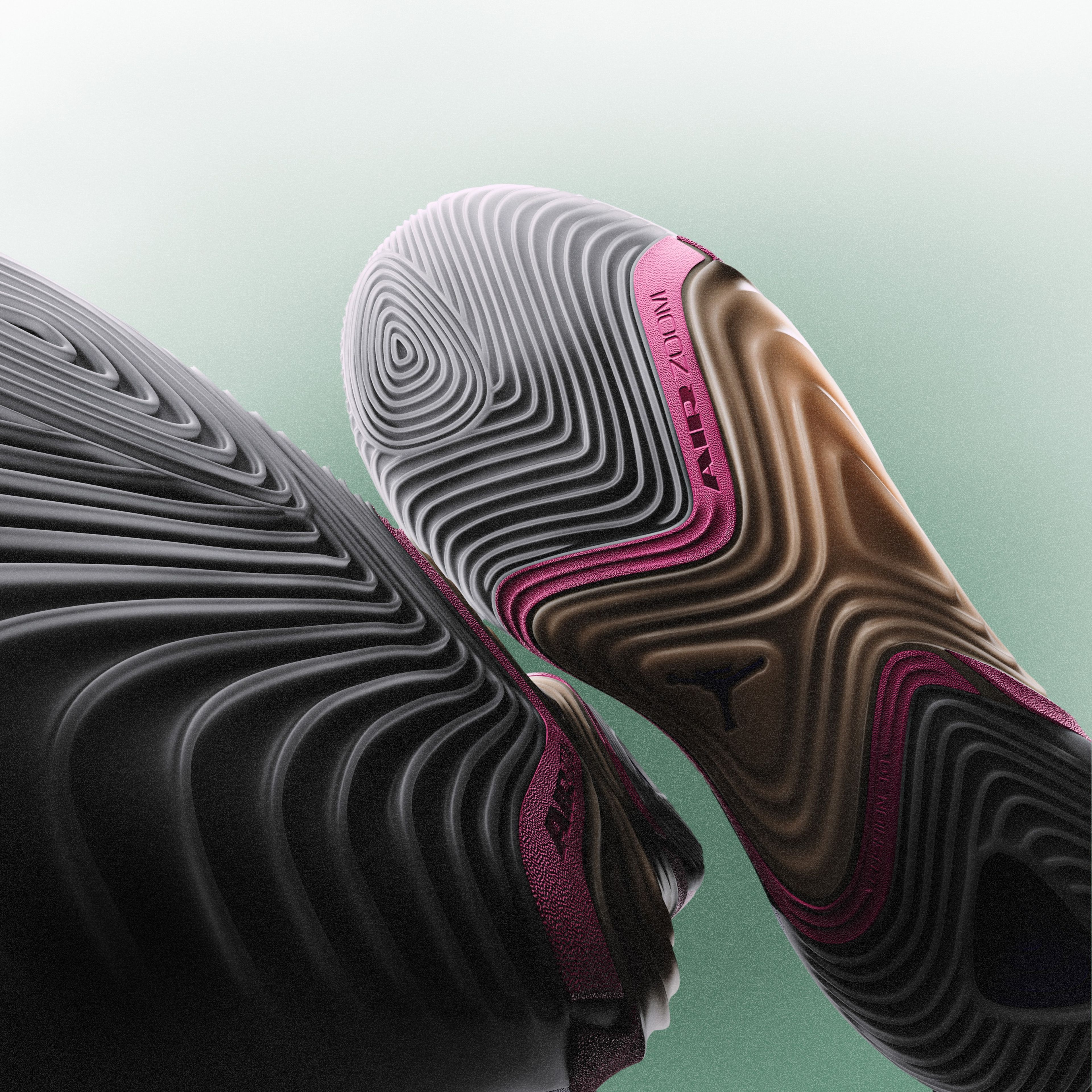 The outsole of the Jordan Brand Tatum 5 is pictured against a green and white background.