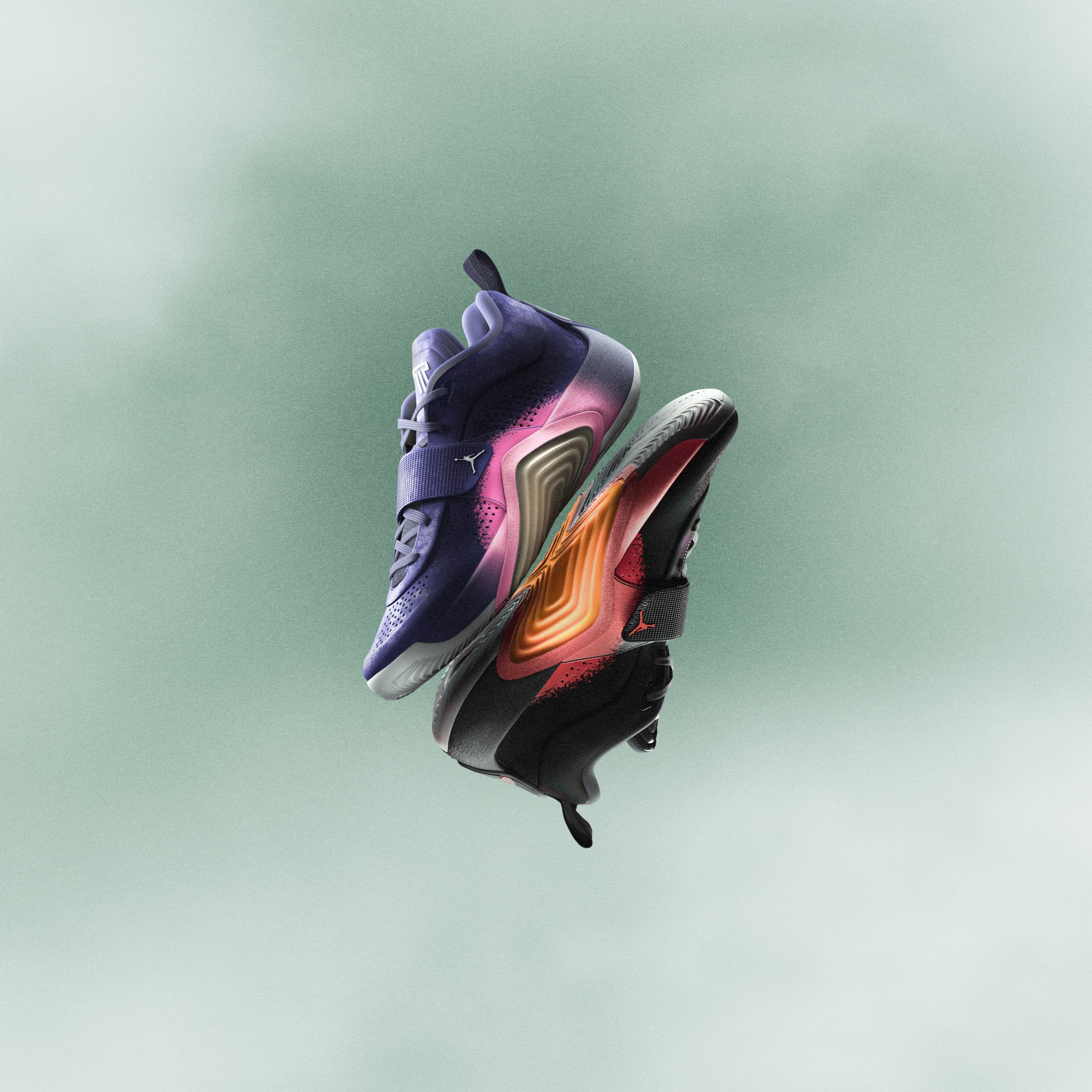 The Sunrise and Sunset colorways of the Jordan Brand Tatum 5 are pictured against a green and white background.