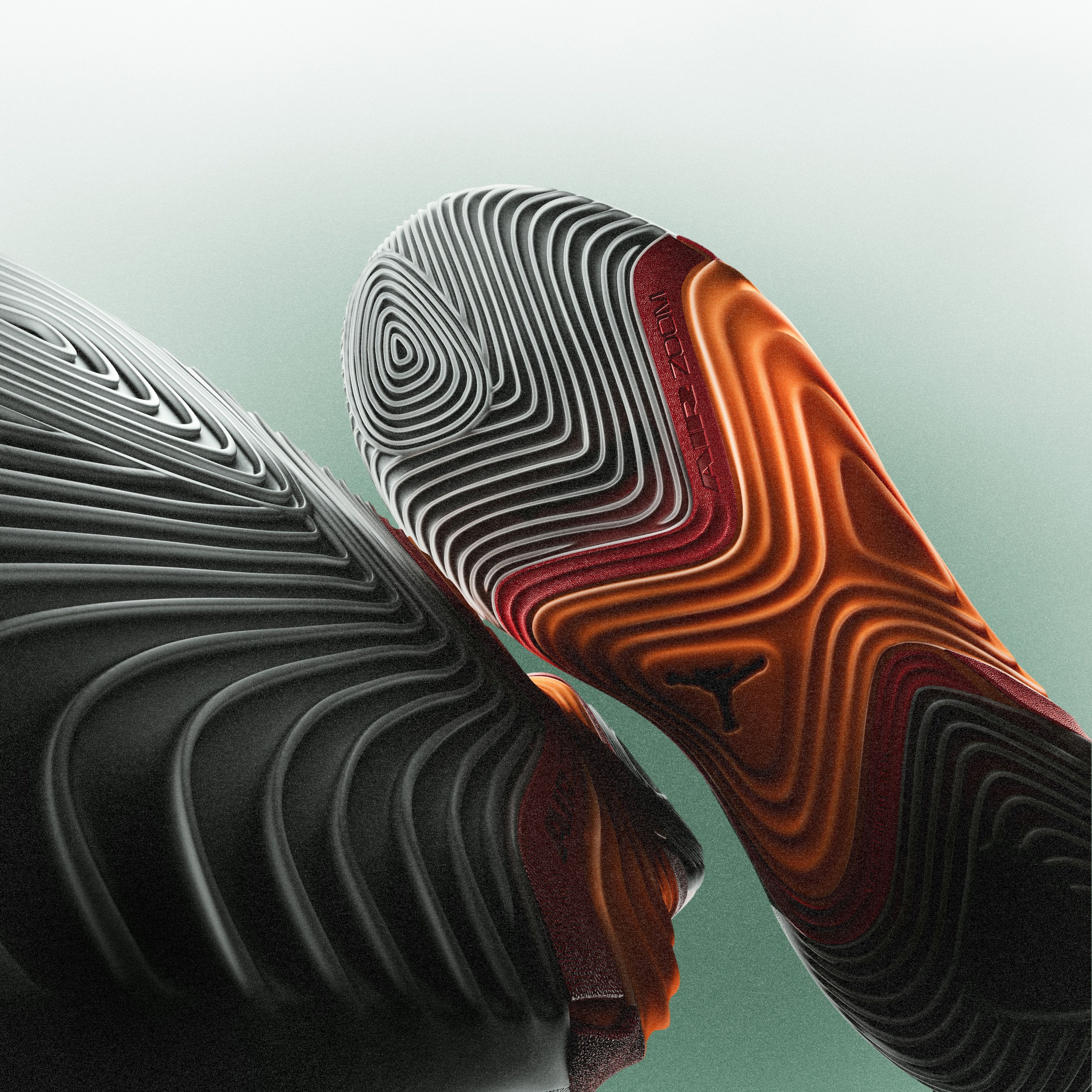 The outsole of the Jordan Brand Tatum 5 is pictured against a green and white background.