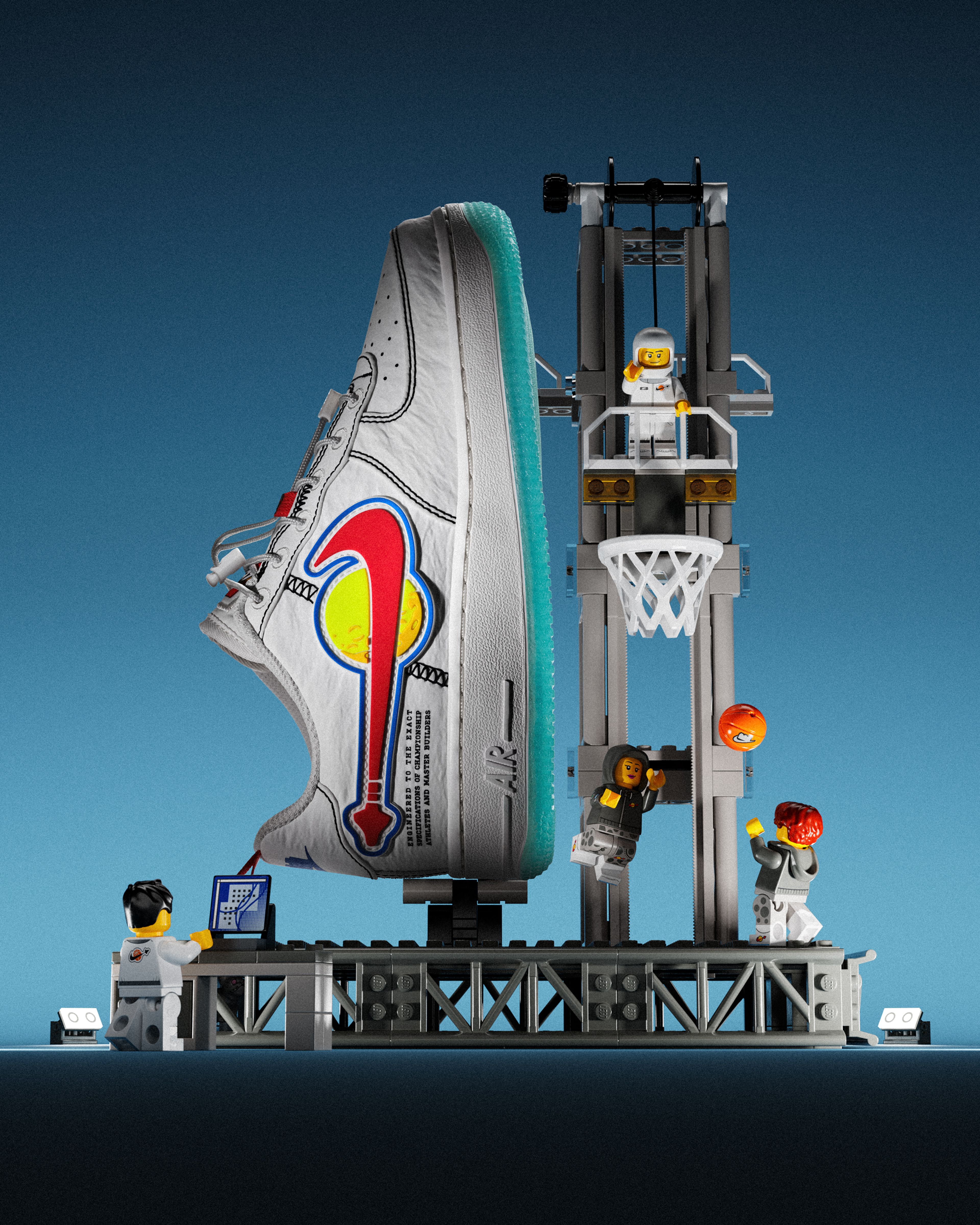 The Nike Air Force 1 Low LV8 with sketched stitch detailing and a LEGO space-inspired Swoosh