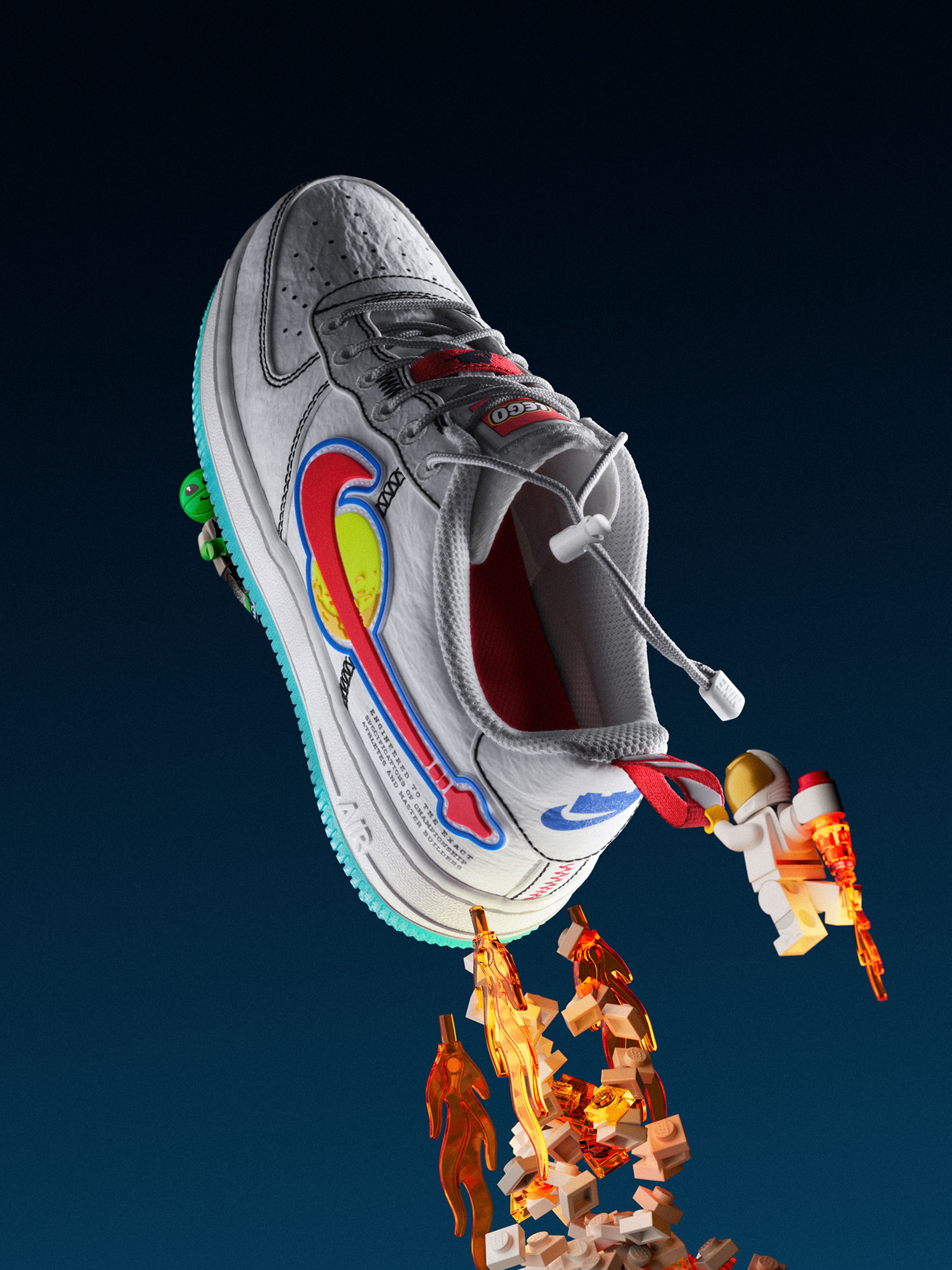 The Nike Air Force 1 Low LV8 with sketched stitch detailing and a LEGO space-inspired Swoosh