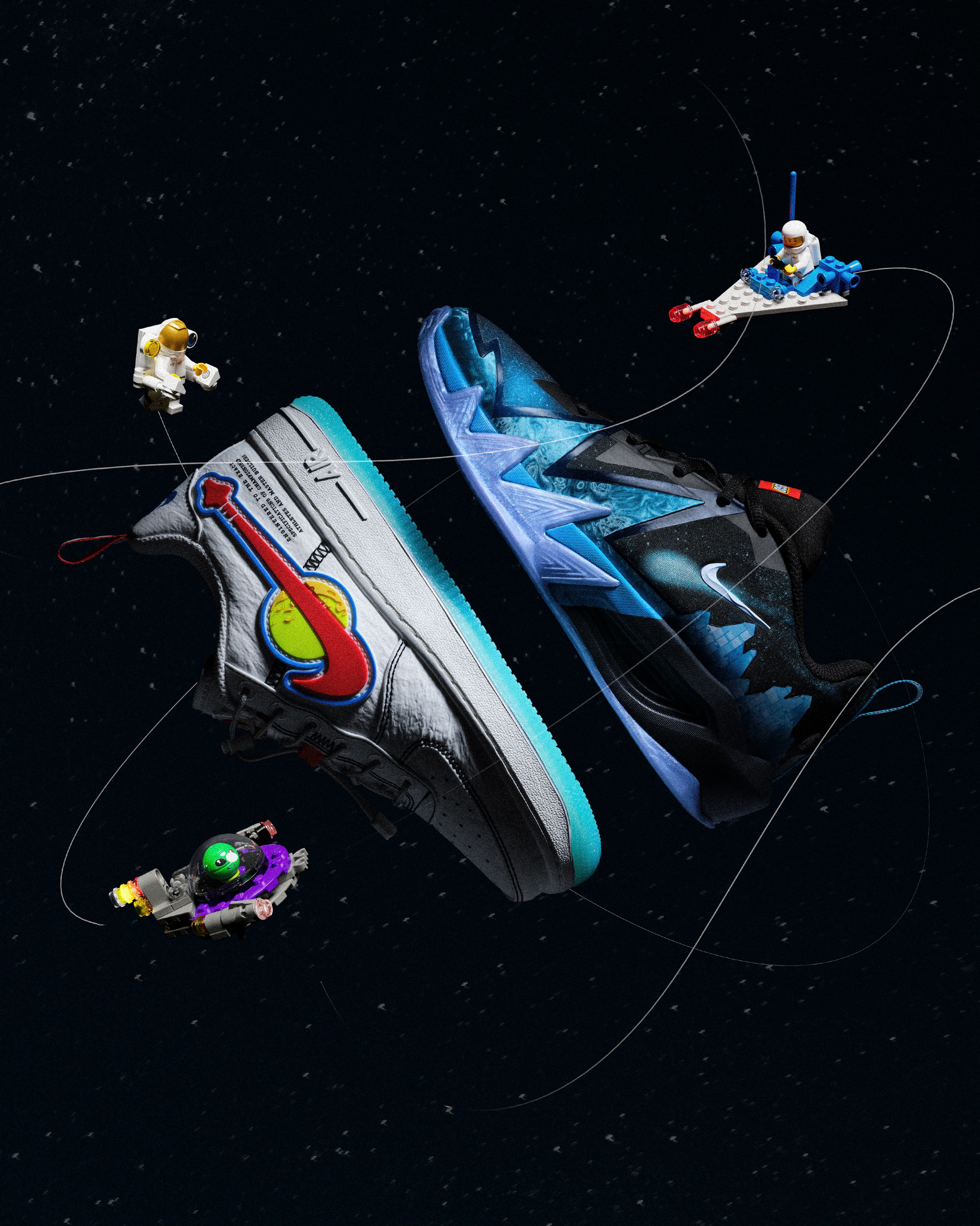Nike x LEGO basketball collection Air Force 1 Low LV8 ST Dynamite sneakers floating in space