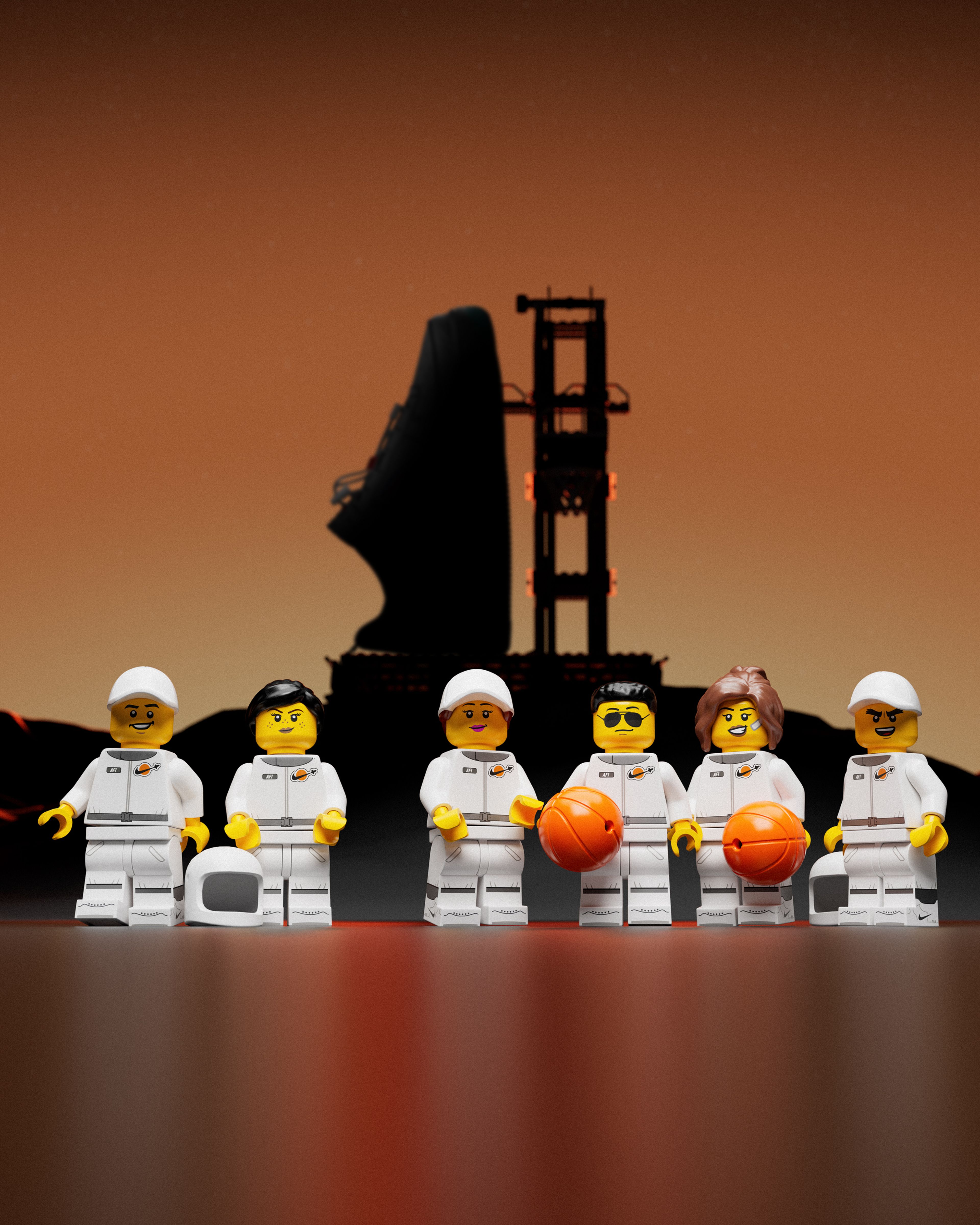 Six LEGO minifigures in white Nike basketball uniforms stand in a row