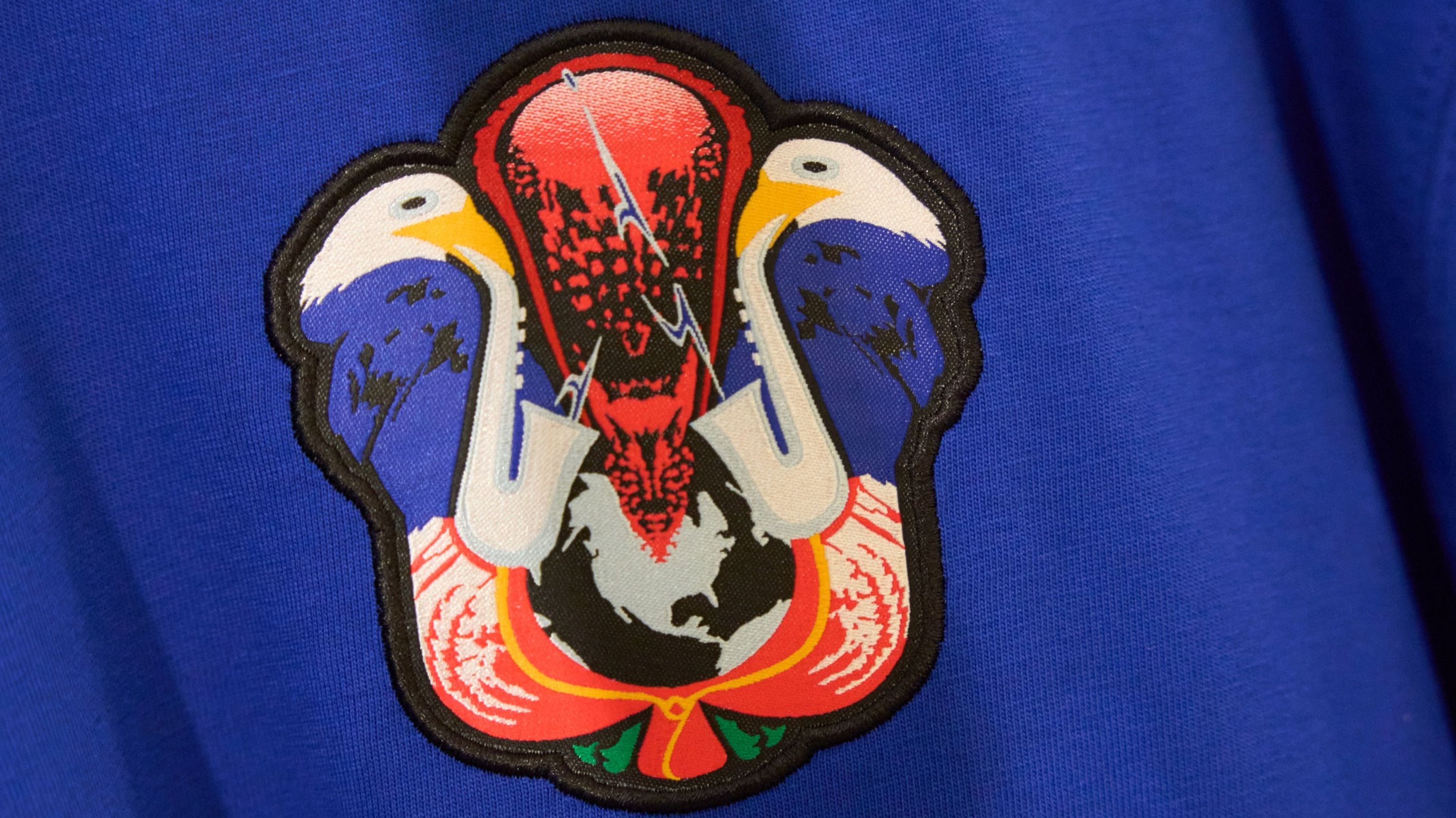 Detail view of the crest for USA's skateboarding federation kits featuring two bald eagles with saxophones