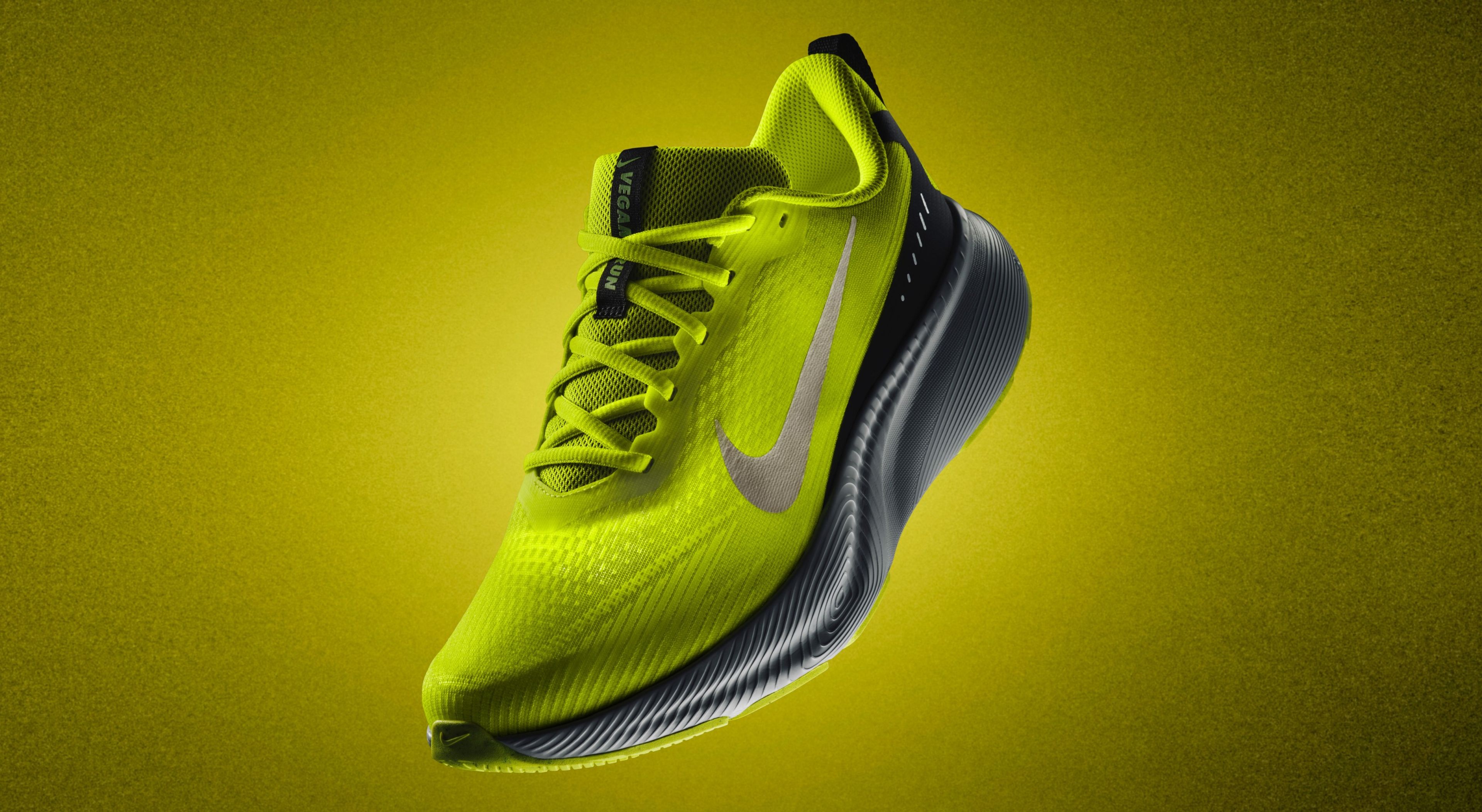 A bright green Nike Vegas Run shoe