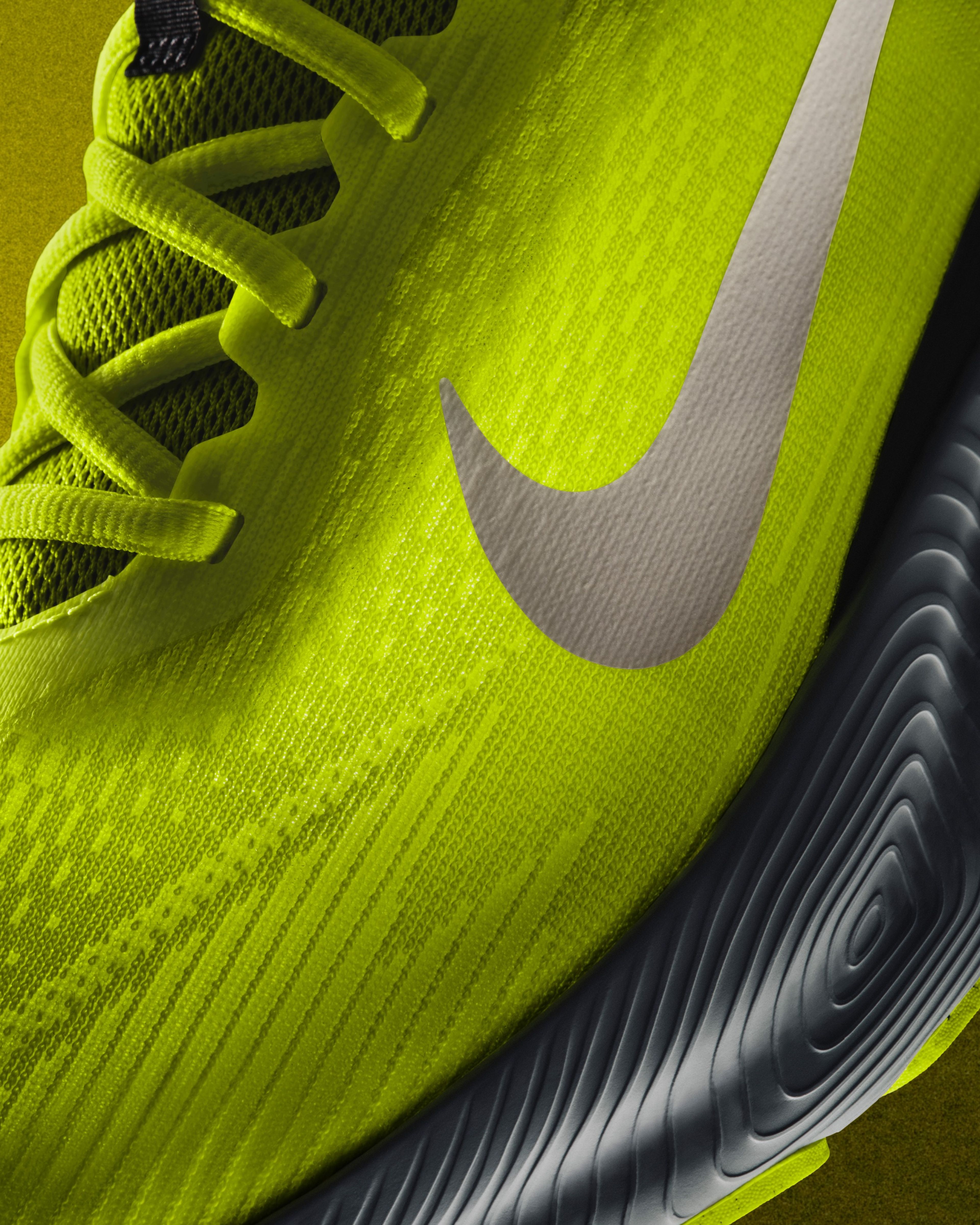 Close-up of a bright green Nike Vegas Run shoe