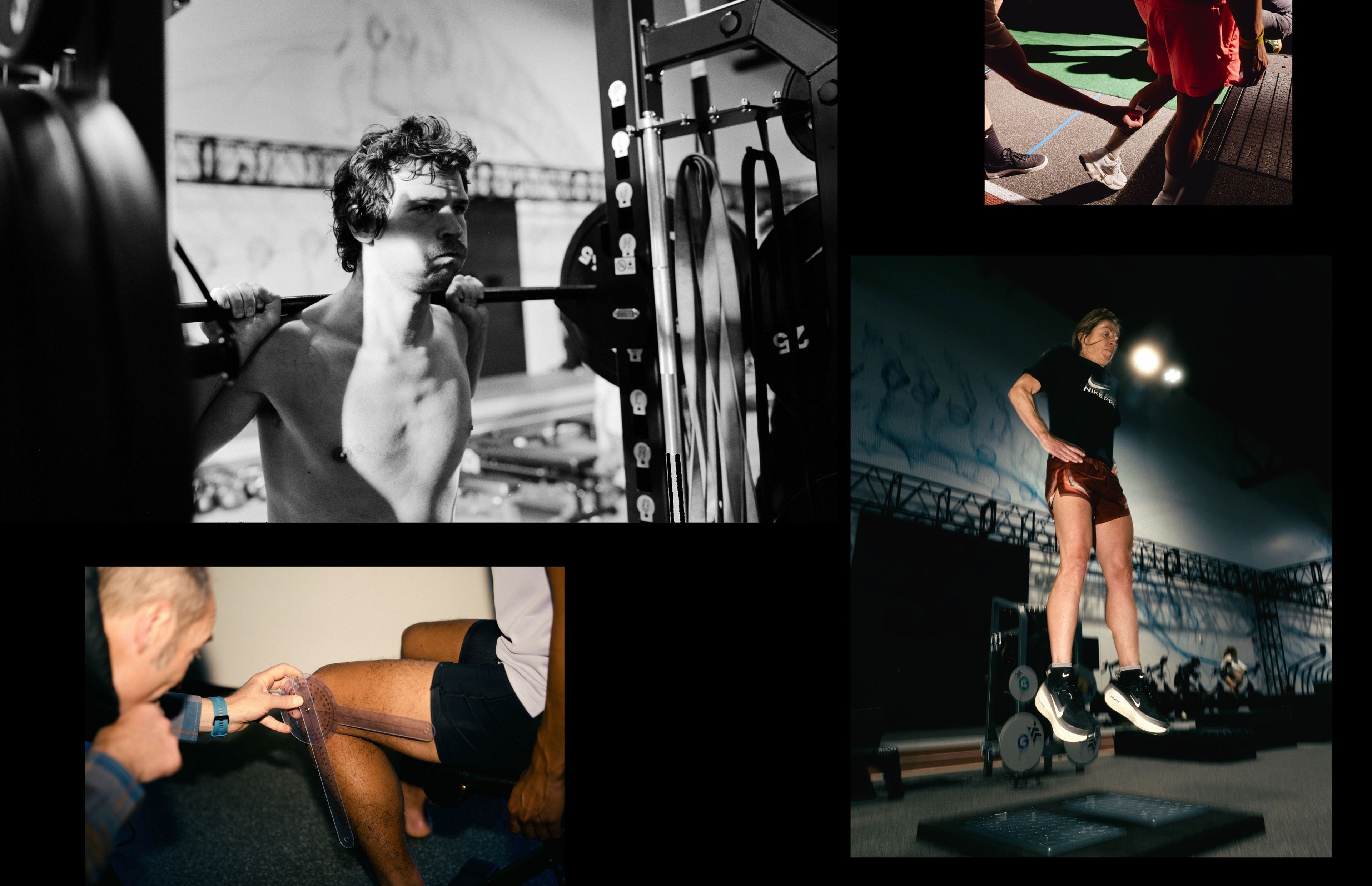 Collage of athletes training including a man lifting weights, a physical therapy session, and a woman in Nike apparel doing box jumps.