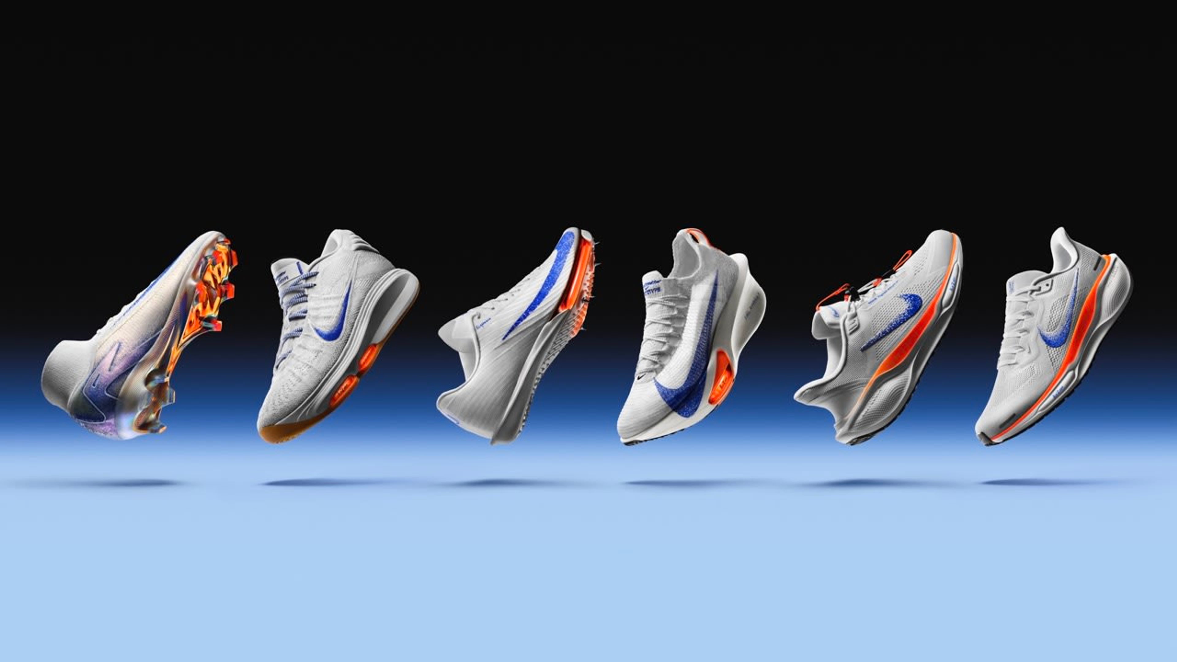 Right and left views of six shoes from the Nike Blueprint Pack floating in air. From left to right the Nike Mercurial Superfly 10 Elite, Nike G.T. Hustle 3, Nike Victory 2, Nike Alphafly 3, Nike Pegasus EasyOn, and Nike Pegasus 41.