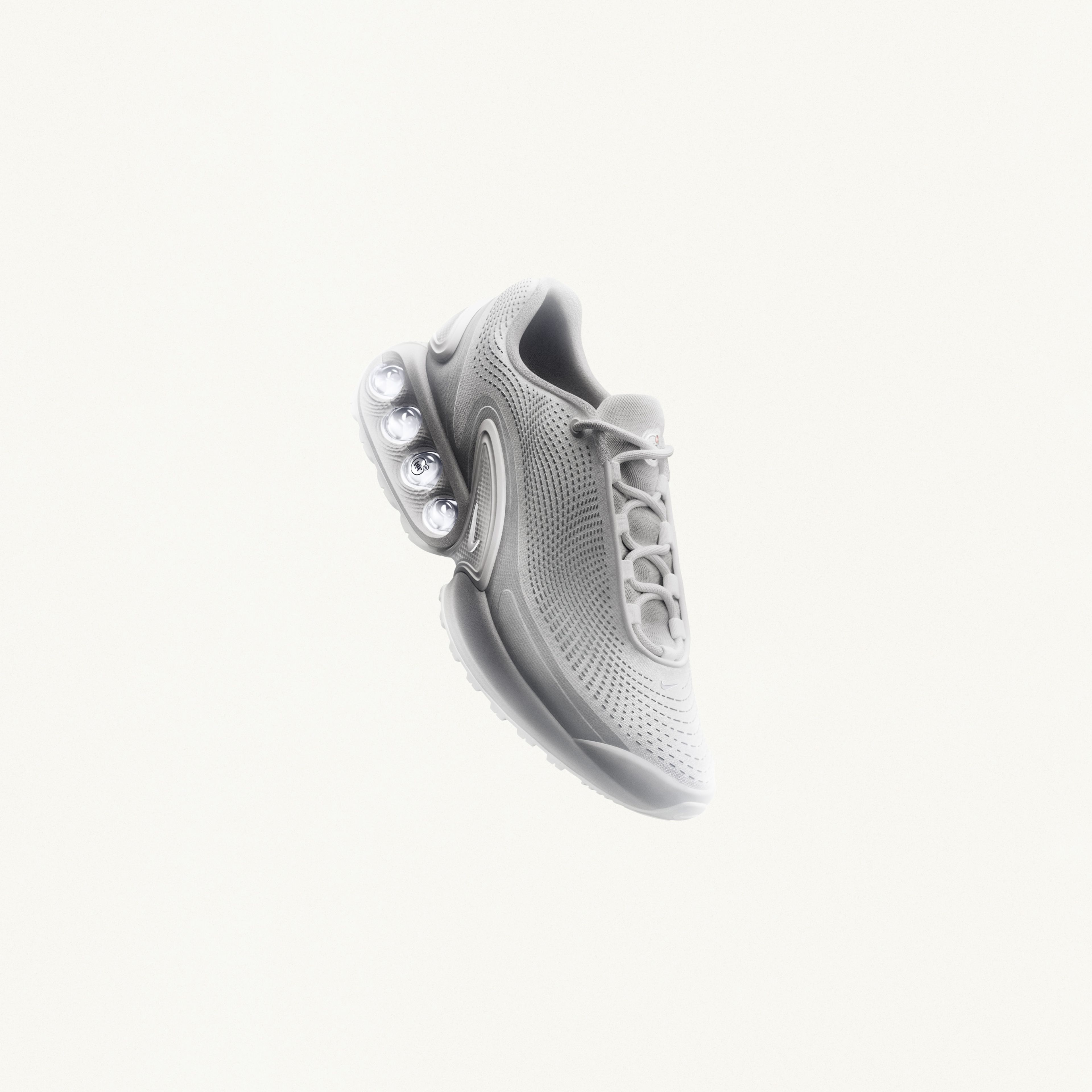 Front angled view of the Nike Air Max Dn in the white colorway