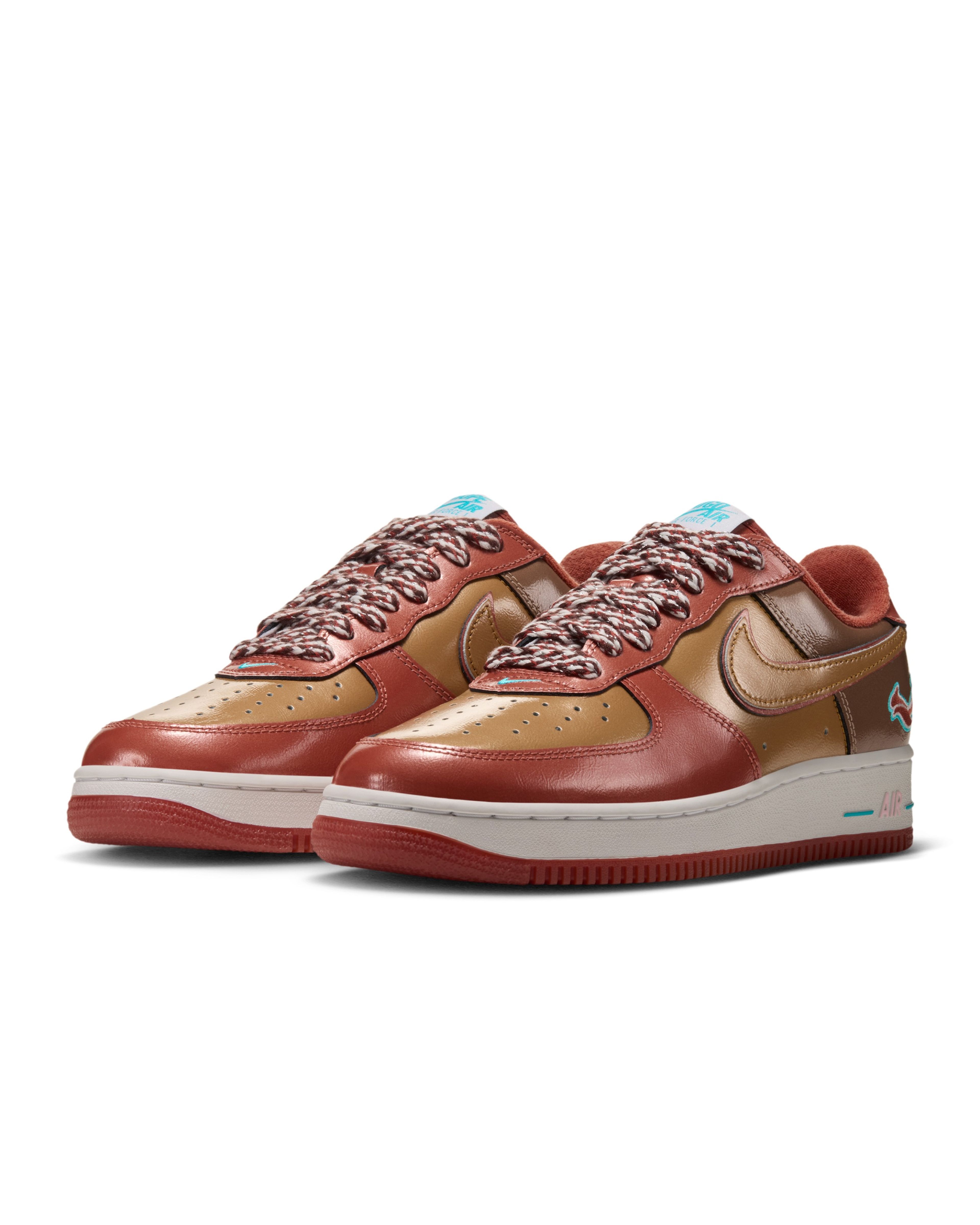Nigo and j-hope’s reimagined Nike Air Force 1 features a glossy Burnt Sunrise and Metallic Gold leather upper, Chlorine Blue accents and signature squirrel graphics.