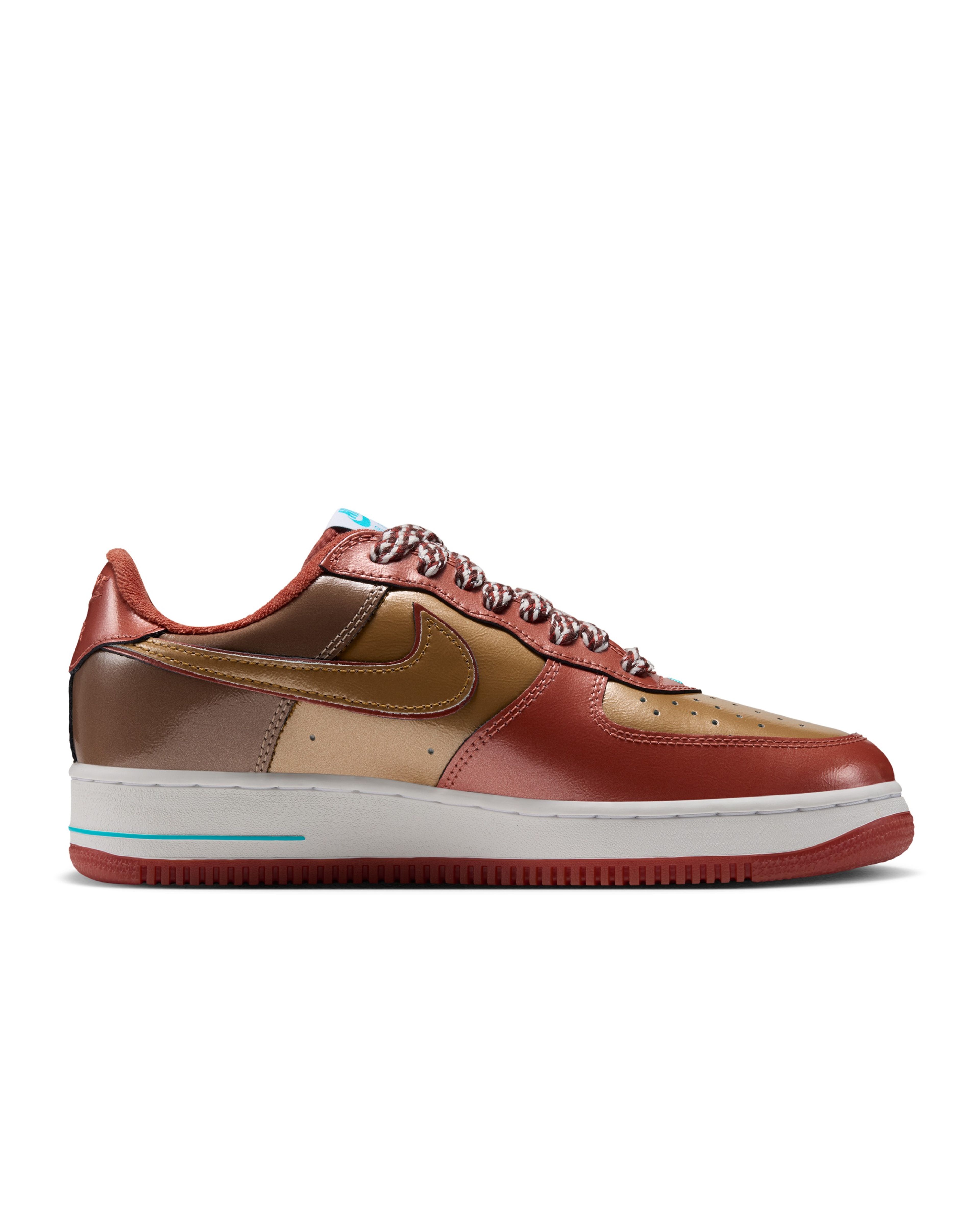 Nigo and j-hope’s reimagined Nike Air Force 1 features a glossy Burnt Sunrise and Metallic Gold leather upper, Chlorine Blue accents and signature squirrel graphics.