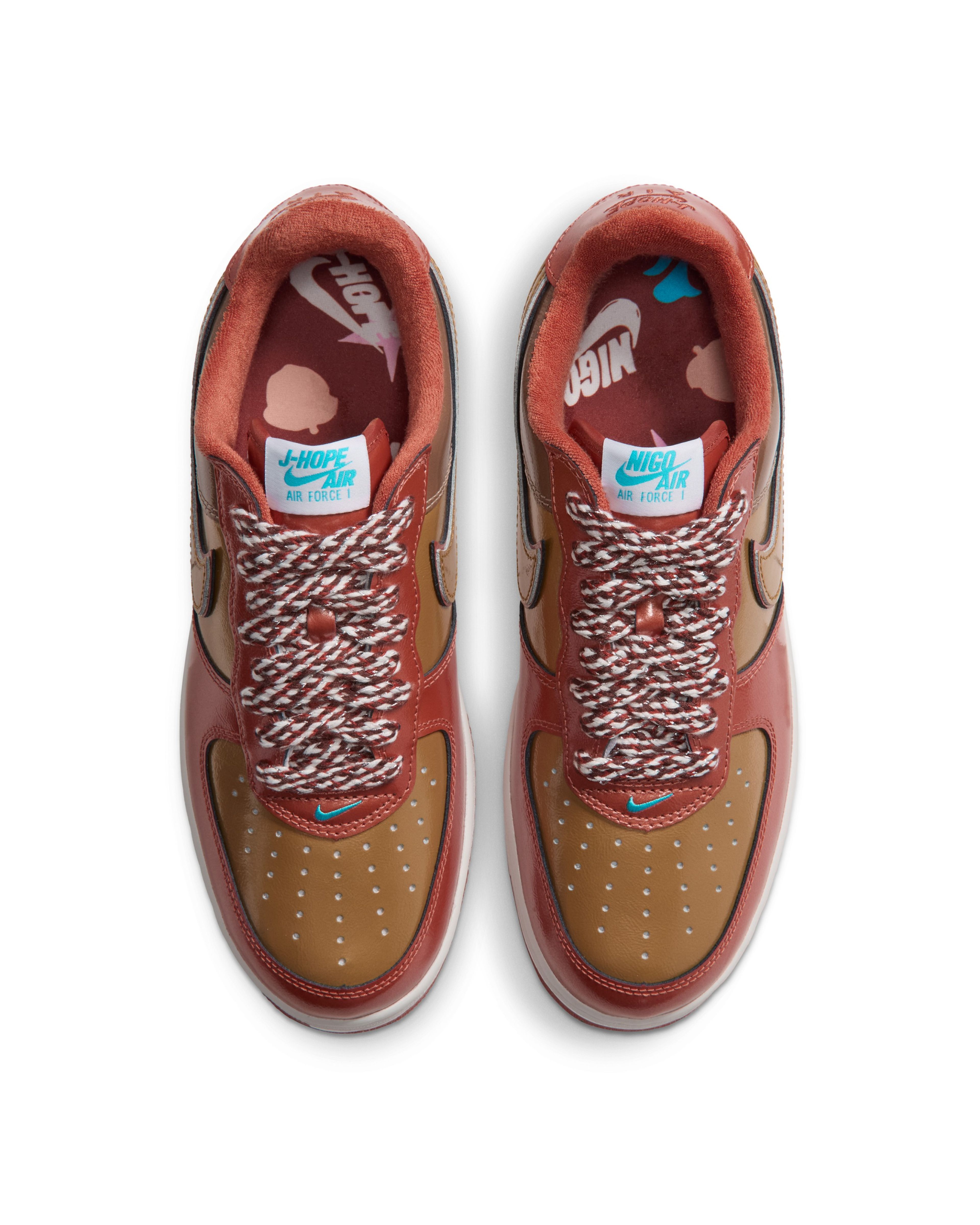 Nigo and j-hope’s reimagined Nike Air Force 1 features a glossy Burnt Sunrise and Metallic Gold leather upper, Chlorine Blue accents and signature squirrel graphics.