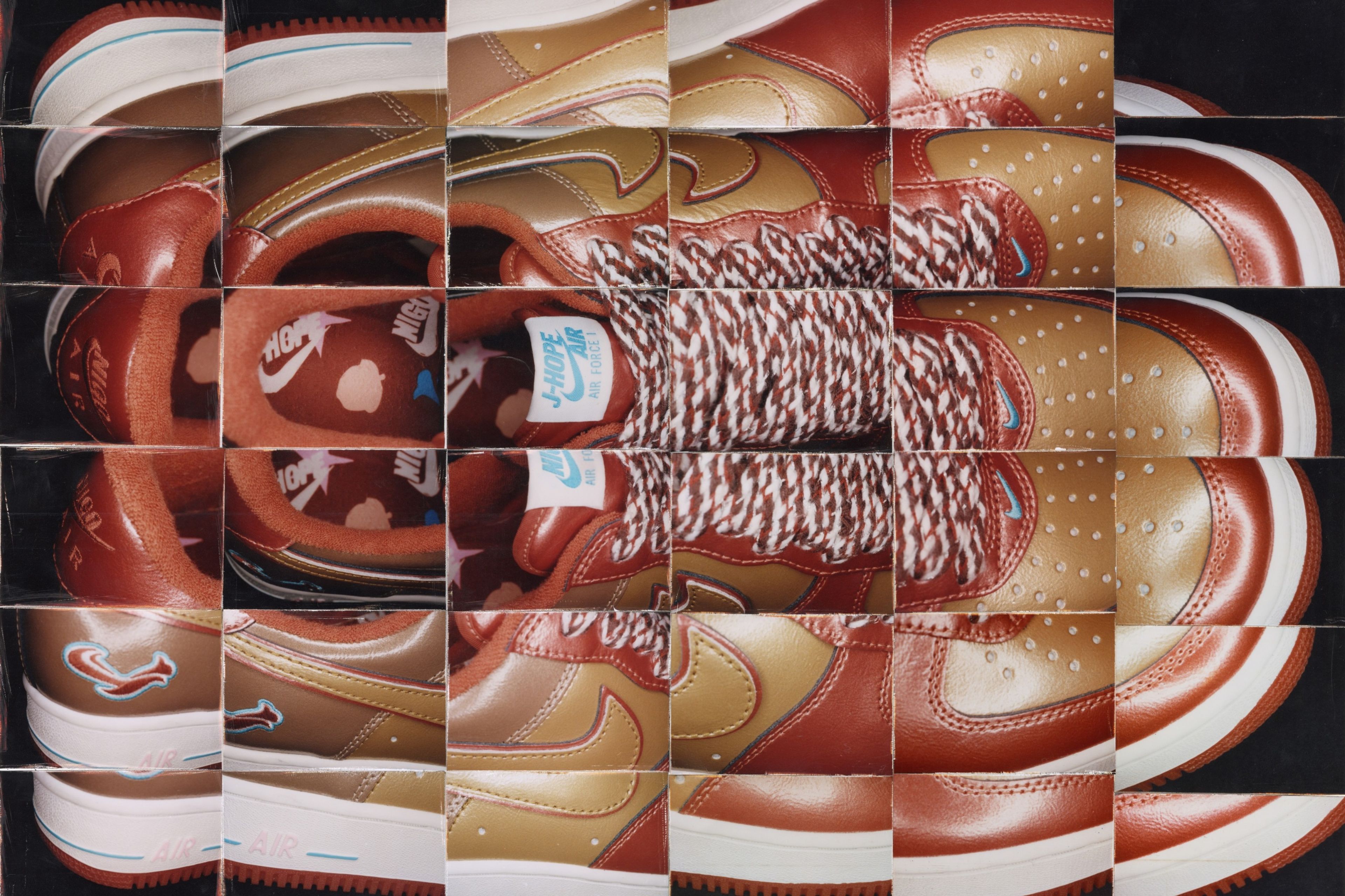 J-Hope x Nike Air Force 1 in brown and gold colorway with patterned laces, blue Swoosh accents, shown in a top-down collage-style grid layout