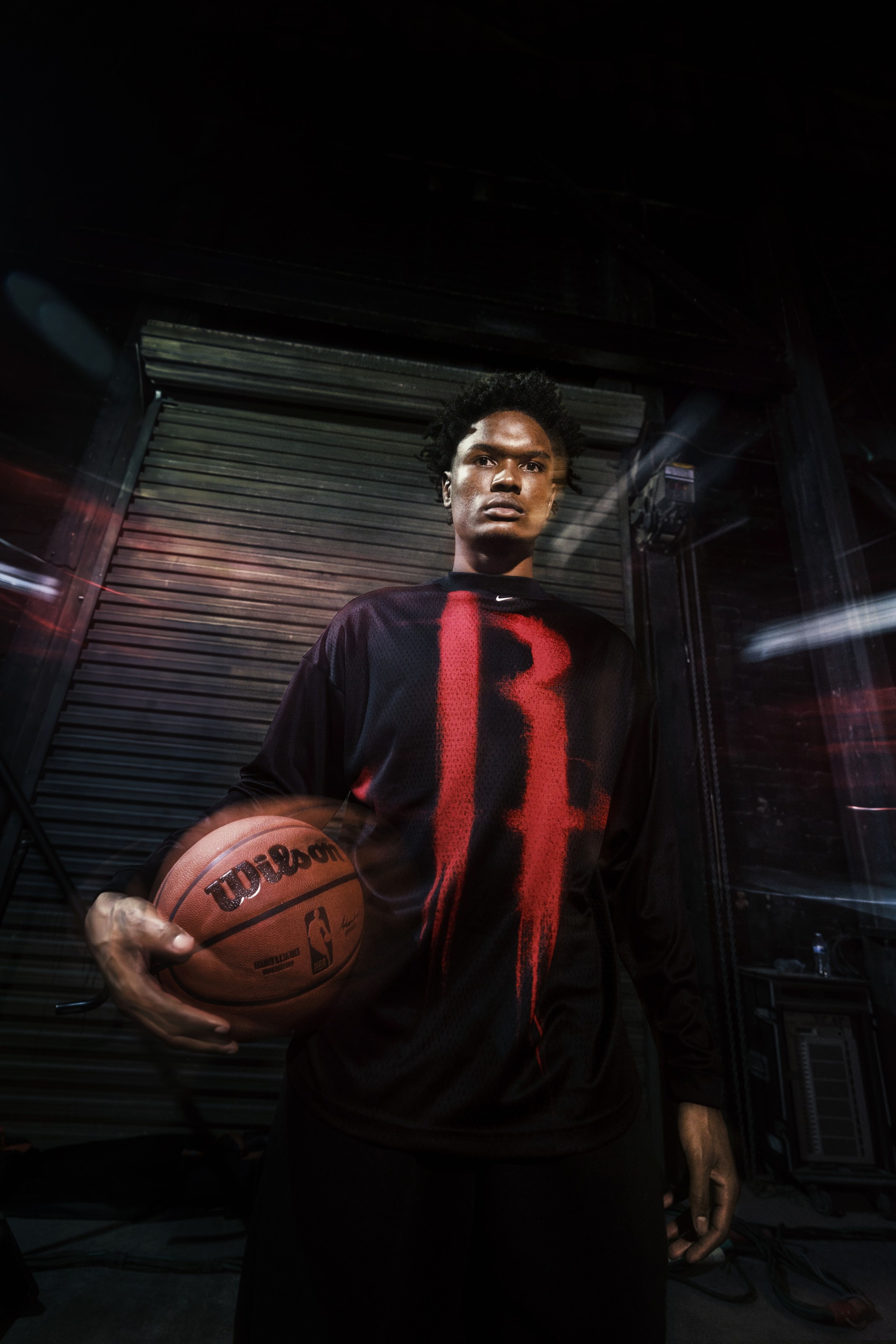 Nike athlete Amen Thompson is pictured wearing a black Houston Rockets shirt from Nike’s NBA Standard Issue Collection.